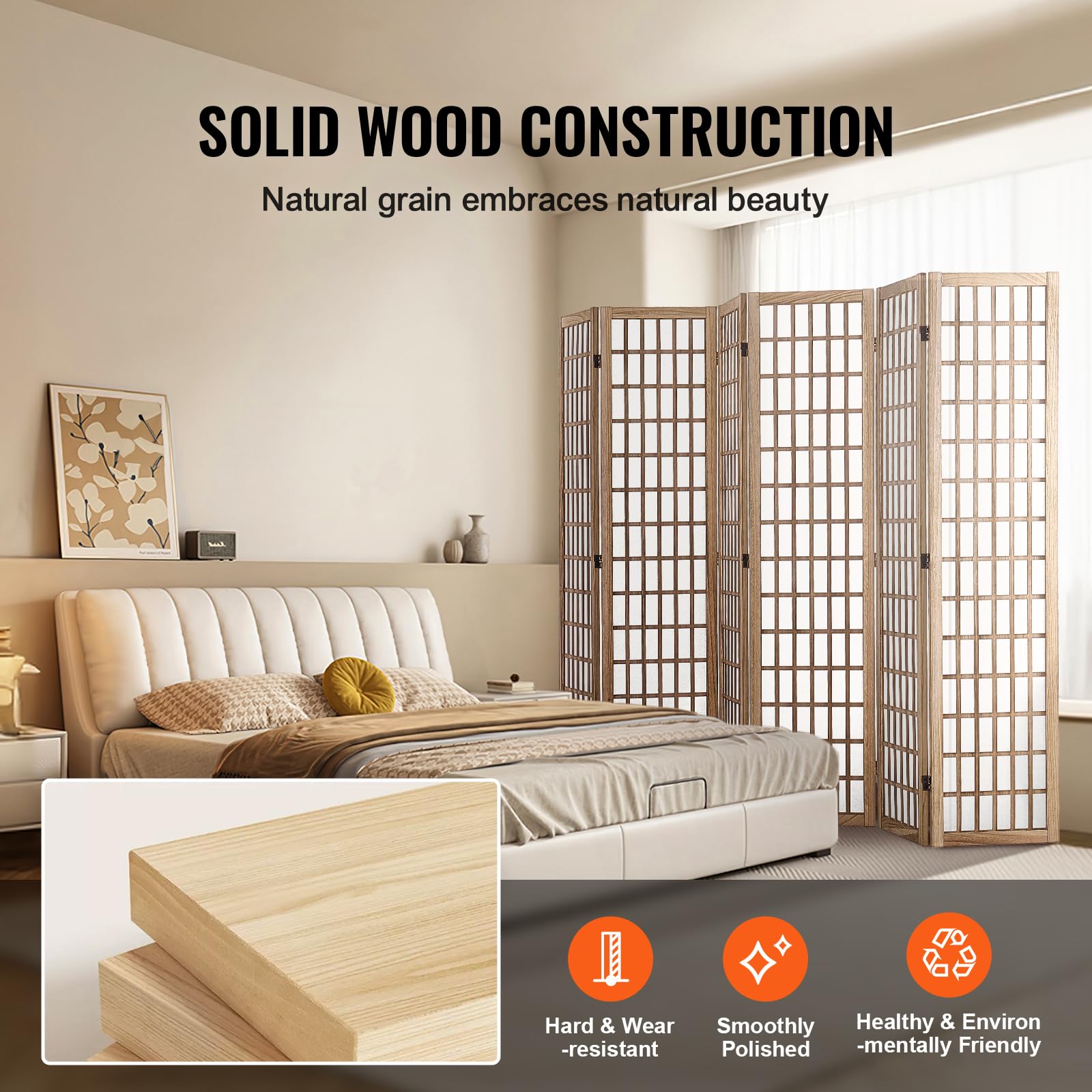 VEVOR 6-Panel Japanese Room Divider - Wooden Folding Privacy Screen for Indoor Use | Portable Partition for Home, Office, Restaurant & Bedroom | Perfect for Room Separation, Decoration, and Creating Private Spaces