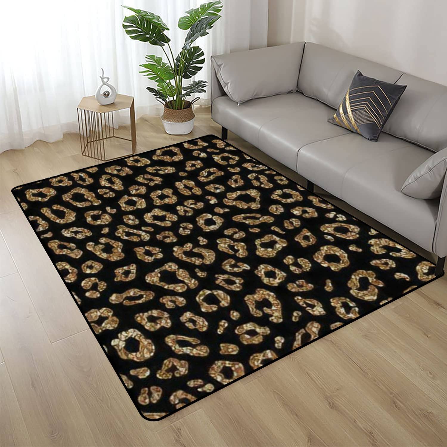 Soft Plush Throw Blanket & Low-Pile Carpet - Water Absorbent, Non-Slip Leopard Print Rug with Gold Glitter Sparkle | Furry Animal Texture Area Mat for Bathroom, Living Room, Bedroom & Home Decor