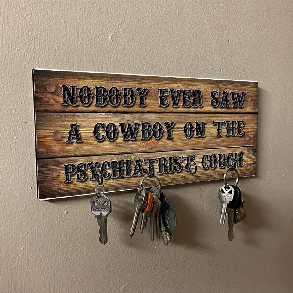 Dark Brown Barn Wood Wall Mount Key Holder Organizer - Rustic Cowboy Style Key Hanger Rack for Home Decor with Hooks - Perfect for Entryway, Mudroom, and Farmhouse Interior Design