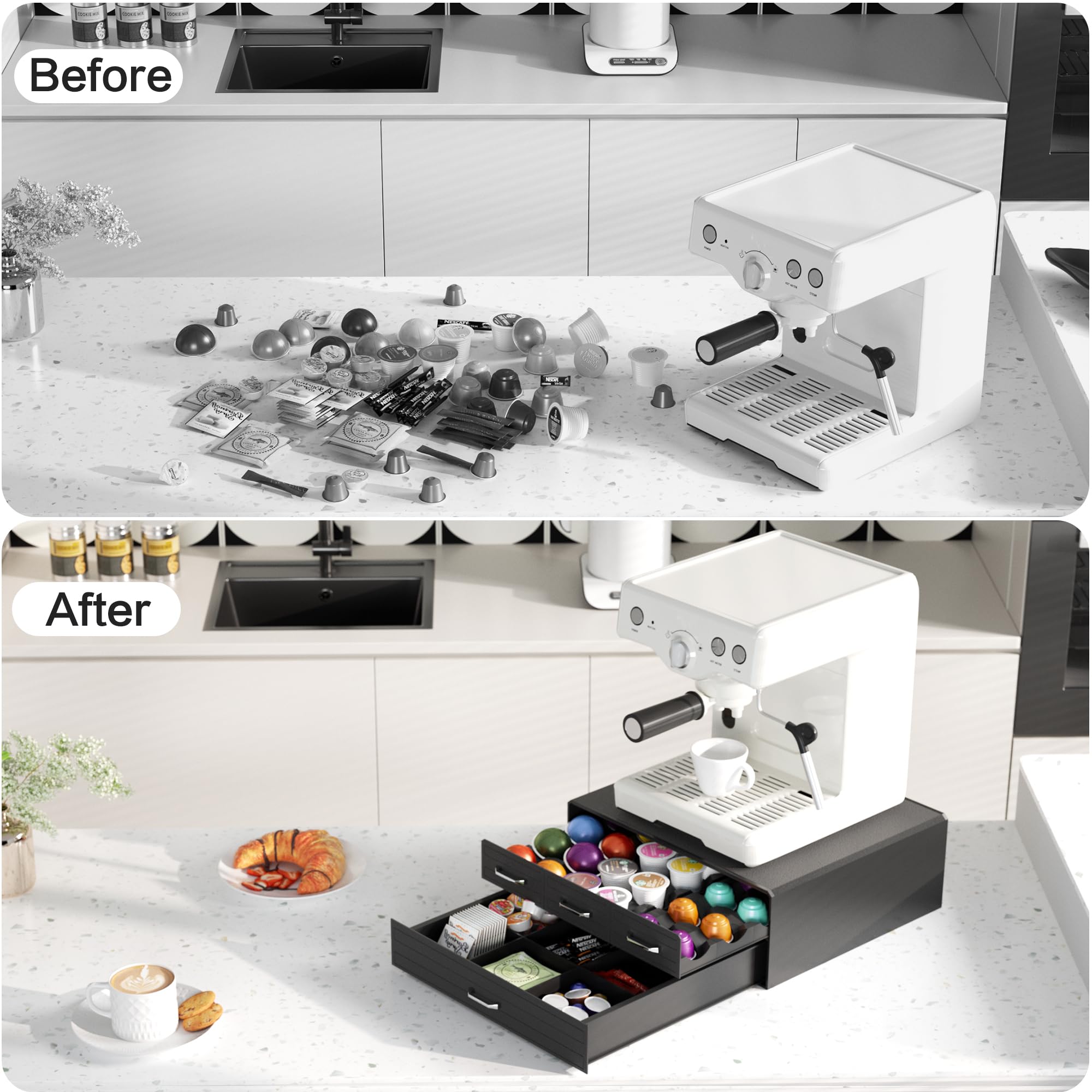 SZQINJI K Cup Holder Drawer - 60/88 Pod Capacity Coffee Pod Organizer | Compatible with Keurig K Cups, Nespresso VertuoLine & OriginalLine | Space-Saving Black Coffee Storage for Kitchen Countertops & Office Break Rooms