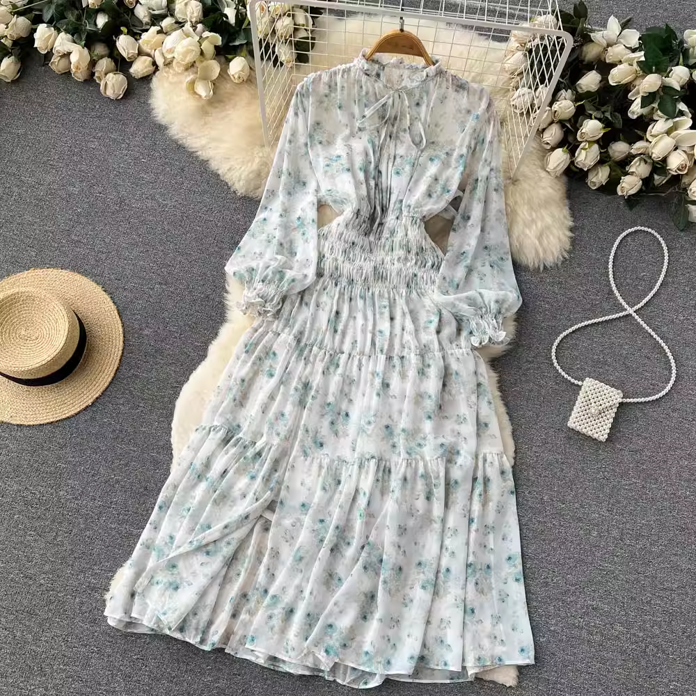 Elegant Long Sleeve Chiffon Floral Dress for Women - Spring & Autumn Fashion - Perfect for Office, Party & Date Night