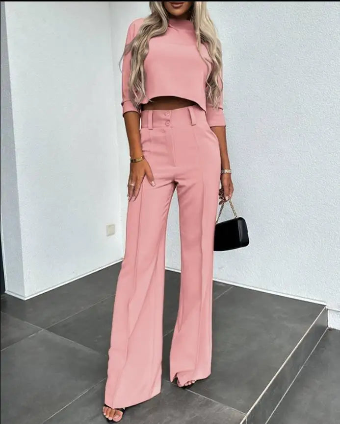 2024 New Fashion Women's Elegant High Neck Short Sleeve Top with Pocket & Micro Flare Pants Set - Casual Summer Outfits for Work, Dating and Vacation