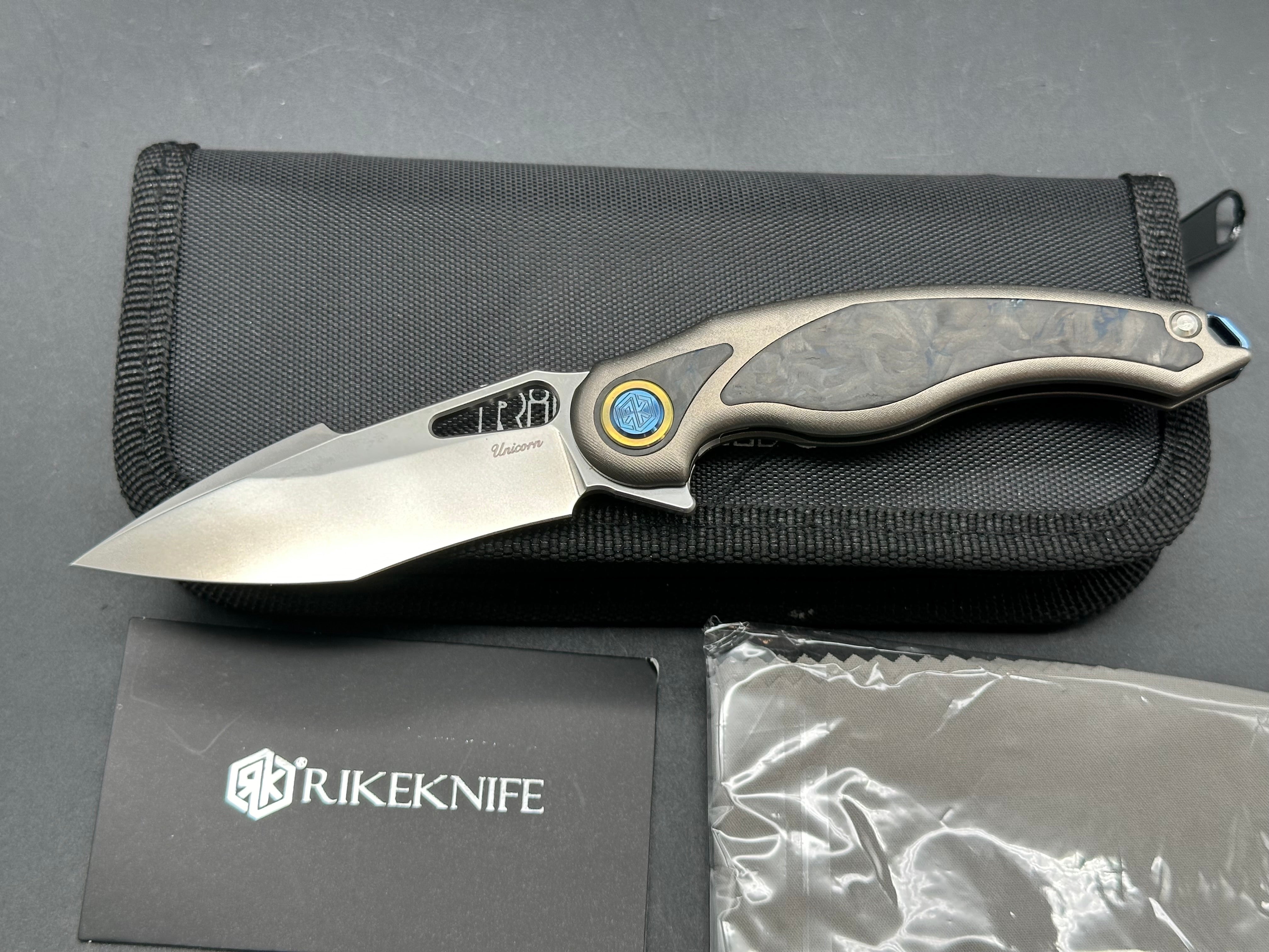 Rike Knife Unicorn Grey Titanium Frame with Marble Carbon Fiber Inlay Satin M390 Blade - Premium EDC Folding Knife for Outdoor Camping, Hiking & Survival
