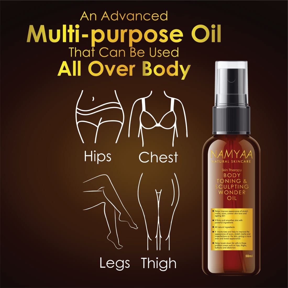 Namyaa Natural Science Body Toning & Sculpting Wonder Oil - Reduces Scars, Stretch Marks & Signs of Aging | Improves Skin Tone, Firms & Nourishes | 50 ml | Perfect for Post-Pregnancy, Weight Loss & Daily Skincare Routine