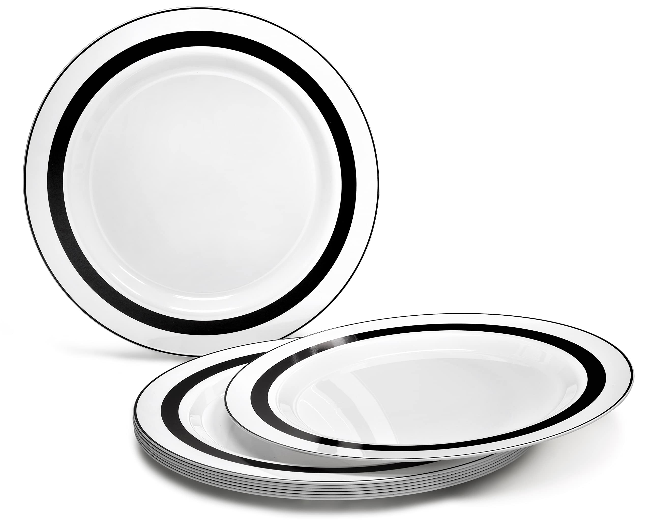 240 Heavyweight Disposable Plastic Plates for Weddings & Parties - 10.5'' Dinner Plates in Elegant Soleil White & Black - Perfect for Catering, Birthday Celebrations, and Special Events