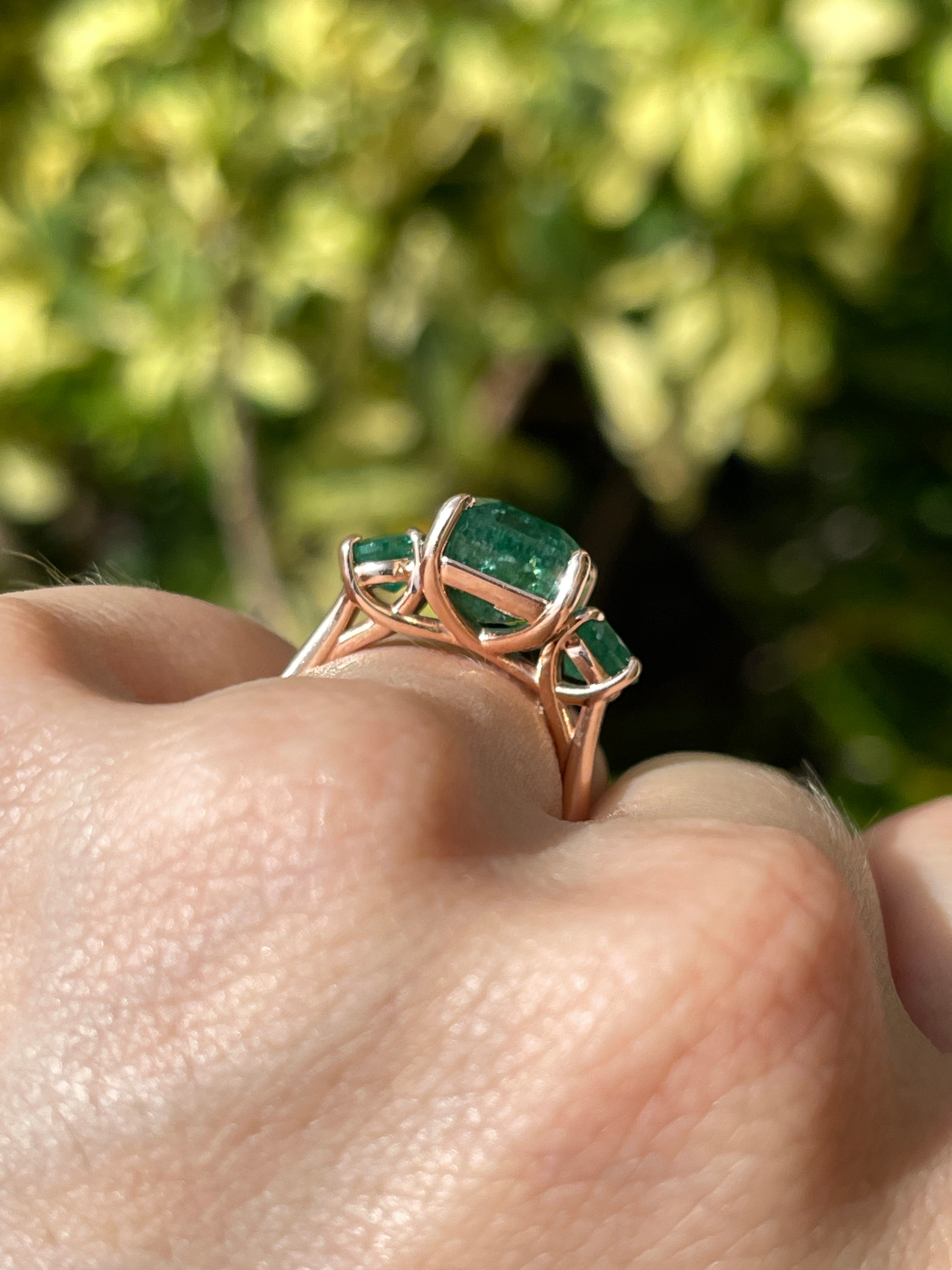 6.90tcw Natural Emerald Gemstone - Emerald Cut & Round Cut Three Stone 14K Rose Gold Engagement Ring for Women | Elegant Wedding, Anniversary & Proposal Jewelry Gift