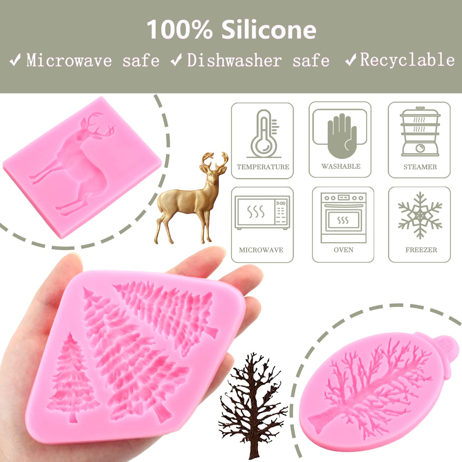 Christmas Silicone Molds Set of 7 - Tree, Pinecone, Bell, Reindeer & Holly Leaves Fondant Molds for Xmas Cake Decorating, Cupcake Toppers, Candy & Chocolate (Perfect for Holiday Baking, DIY Desserts & Christmas Party Treats)