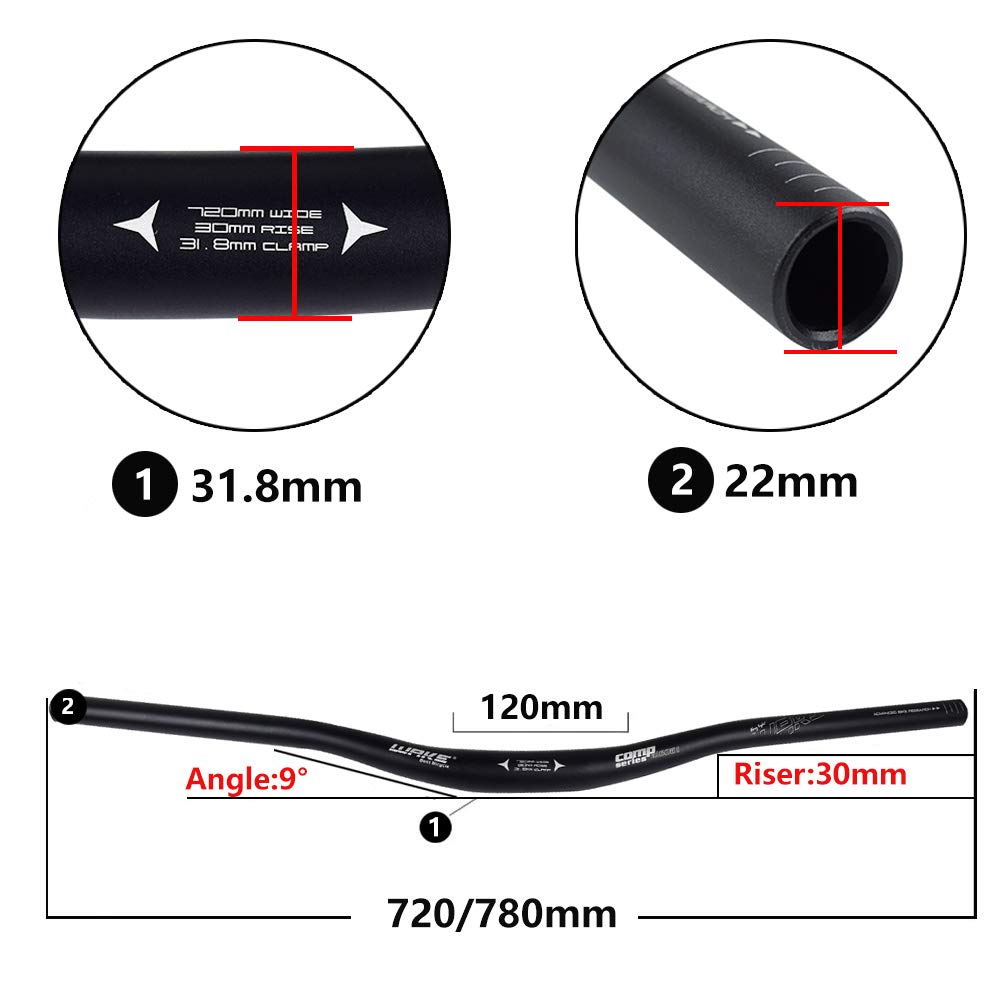 **Wake 31.8mm Mountain Bike Handlebar - 720mm/780mm Aluminum Alloy MTB Riser Bar for Downhill, Trail & Enduro Racing - Extra Long Bicycle Handlebars for Enhanced Control & Stability**