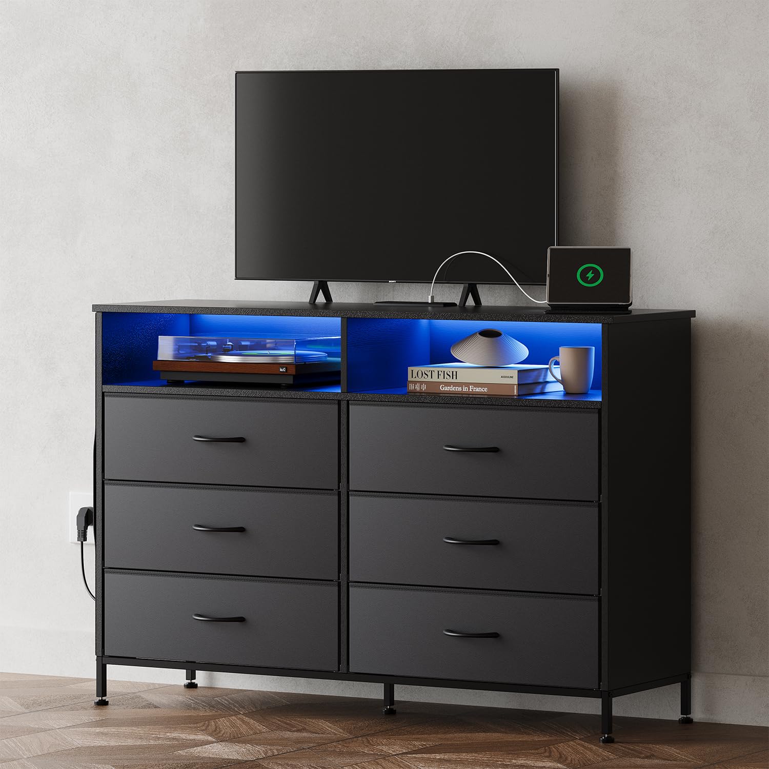 Modern Black 6-Drawer Wood Dresser with LED Lights & USB Charging Station - Bedroom Storage Cabinet with Extra Side Bag & Double Wide Drawers - TV Stand for 60