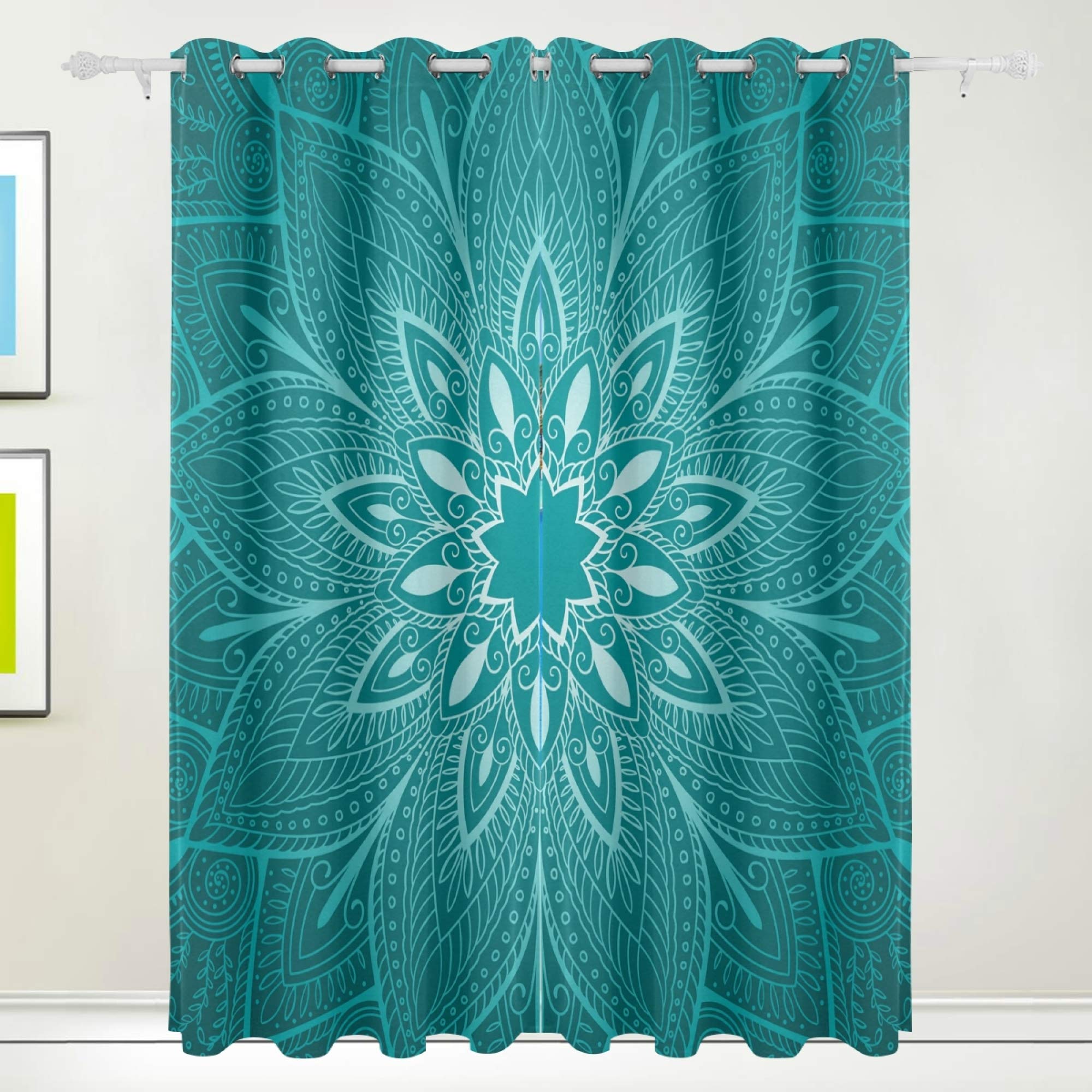 Blackout Curtains 2 Panels - Teal Mandala Floral Room Darkening Window Drapes with Grommets, 72 Inch Length for Bedroom & Living Room | Perfect for Light Blocking, Privacy & Home Decor
