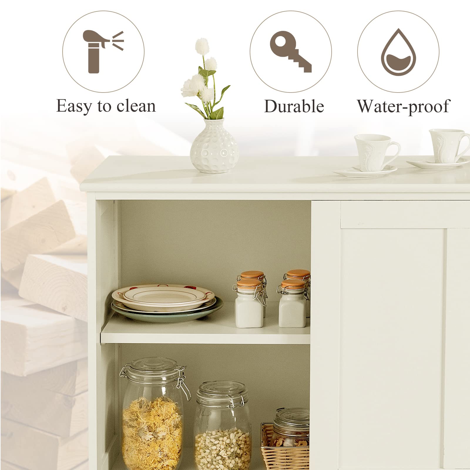 Mayjooy White Kitchen Buffet Cabinet with Sliding Doors & Adjustable Shelves - Modern Credenza Storage Cabinet, Sideboard Console Table for Living Room, Dining Room, Hallway - Perfect for Home Organization & Entertaining Guests