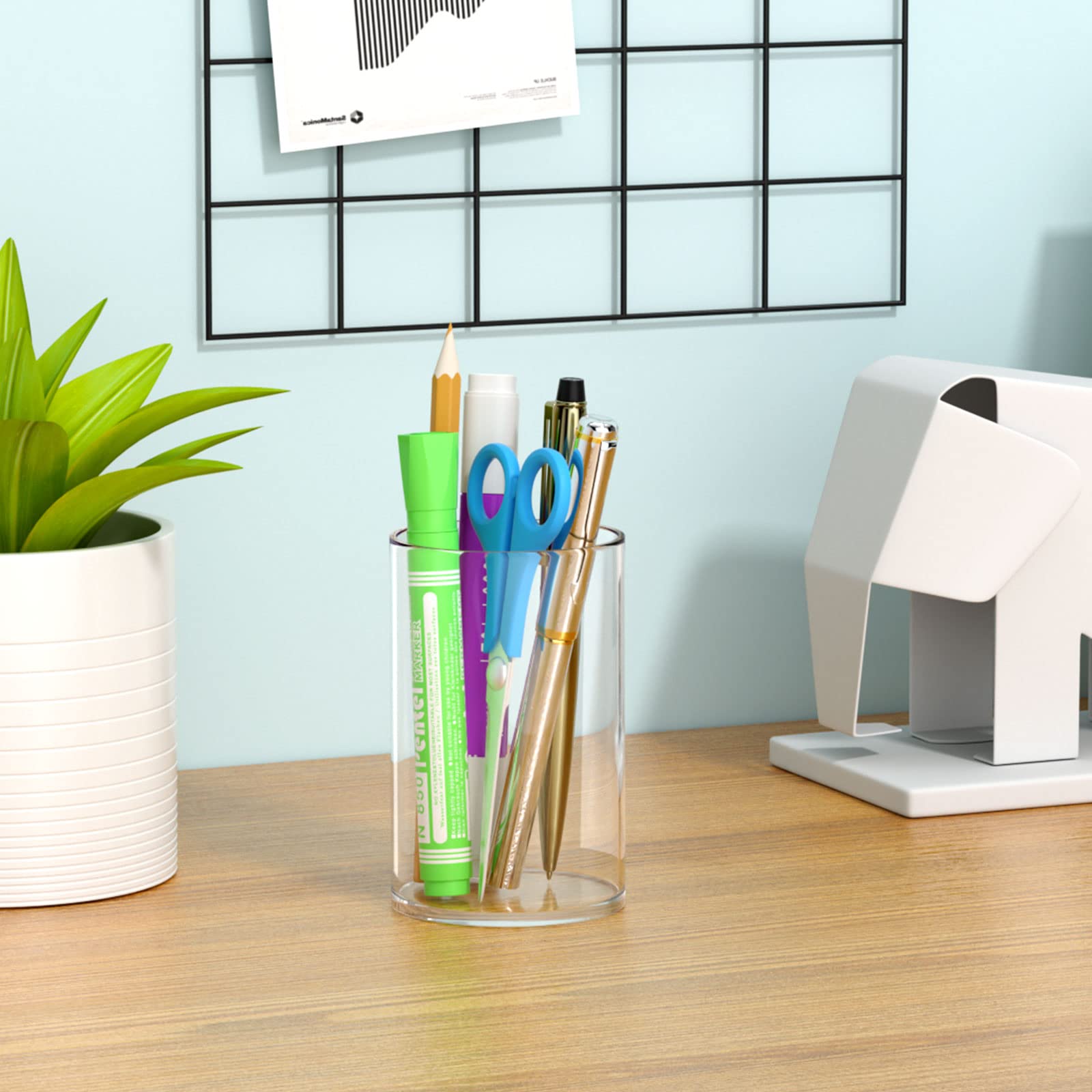 NIUBEE 4-Pack Clear Acrylic Pen Holder for Desk - Round Pencil Cup & Makeup Brush Organizer - Office Desk Accessory for Stationery, Cosmetics & Home Organization (Perfect for Office, Vanity & Study Desk)