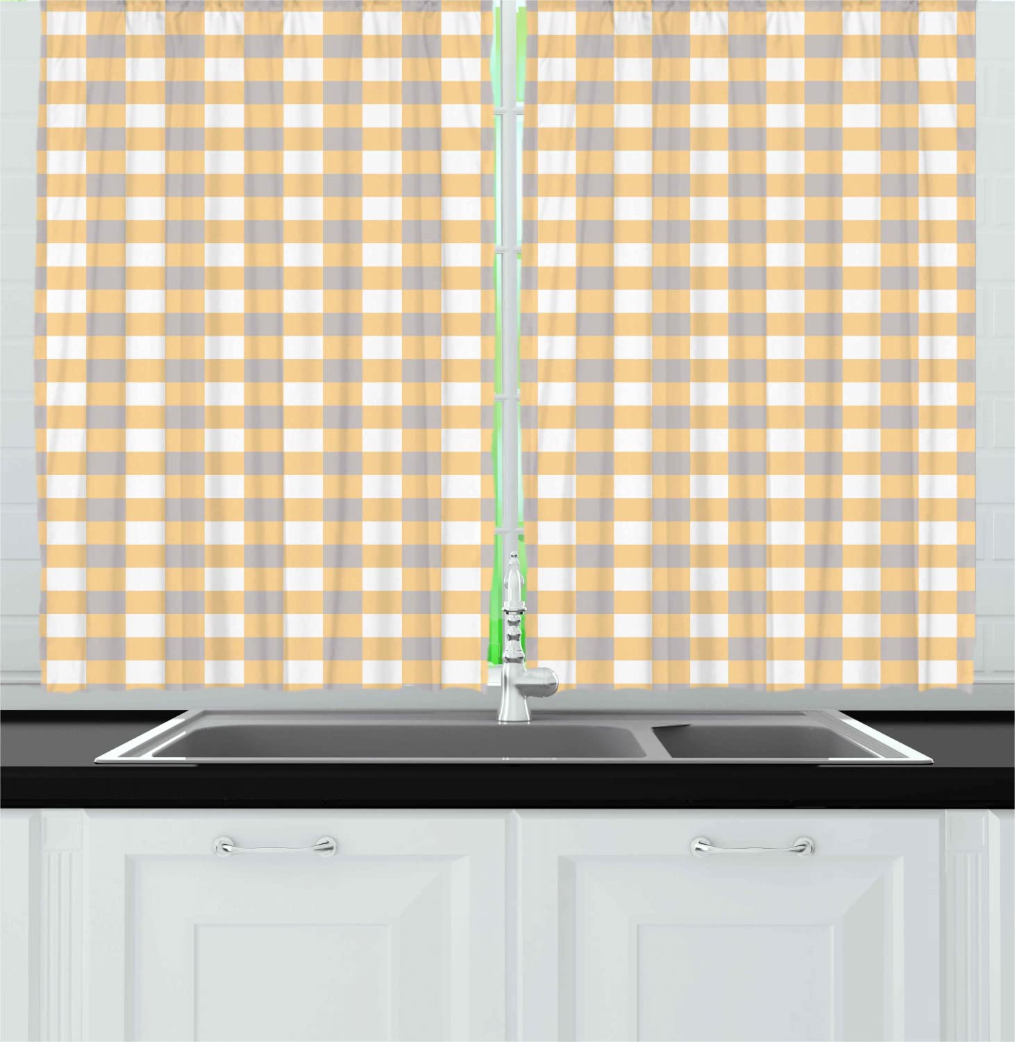Vintage Checkered Kitchen Curtains - Ambesonne Classic Geometric Drapes in Orange, White & Cadet Blue | 55
