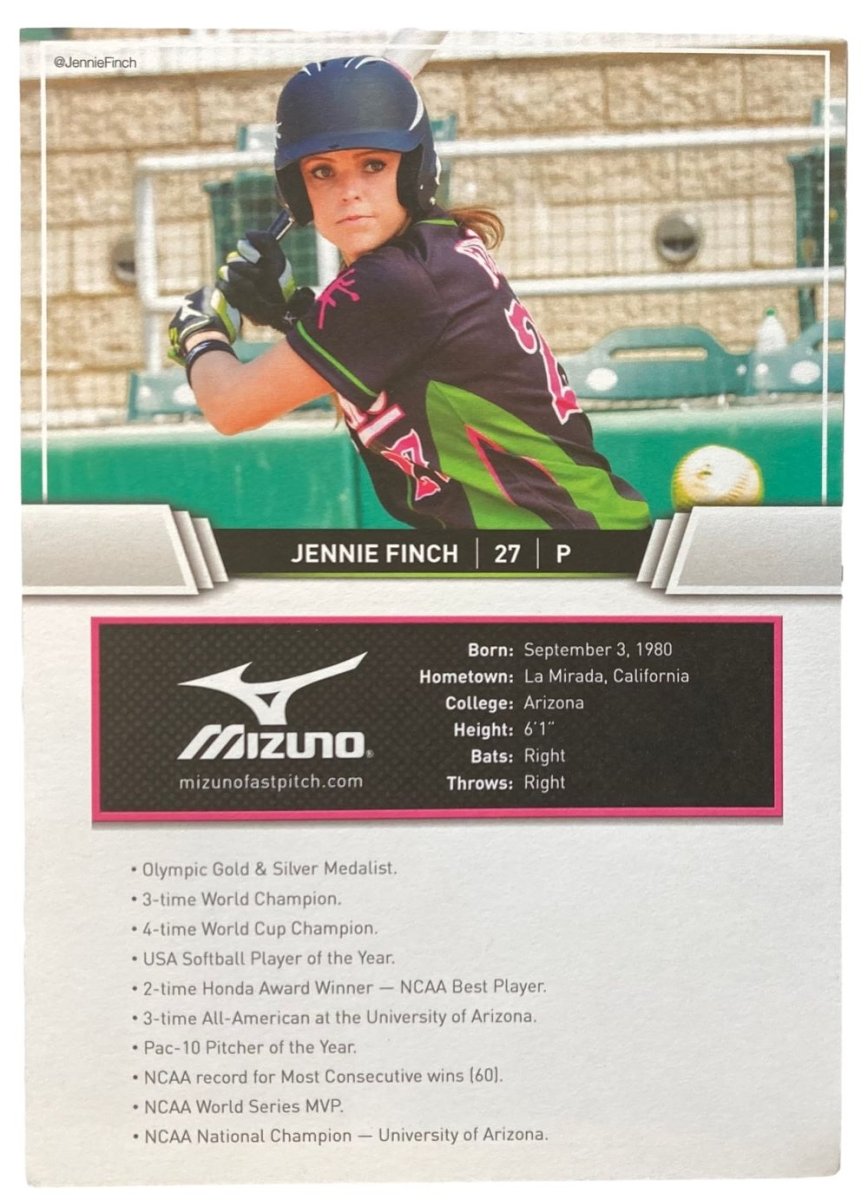 Jennie Finch Autographed 4x6 Mizuno Softball Card - USA Inscribed Baseball Memorabilia - Perfect for Collectors, Fans & Sports Memorabilia Displays