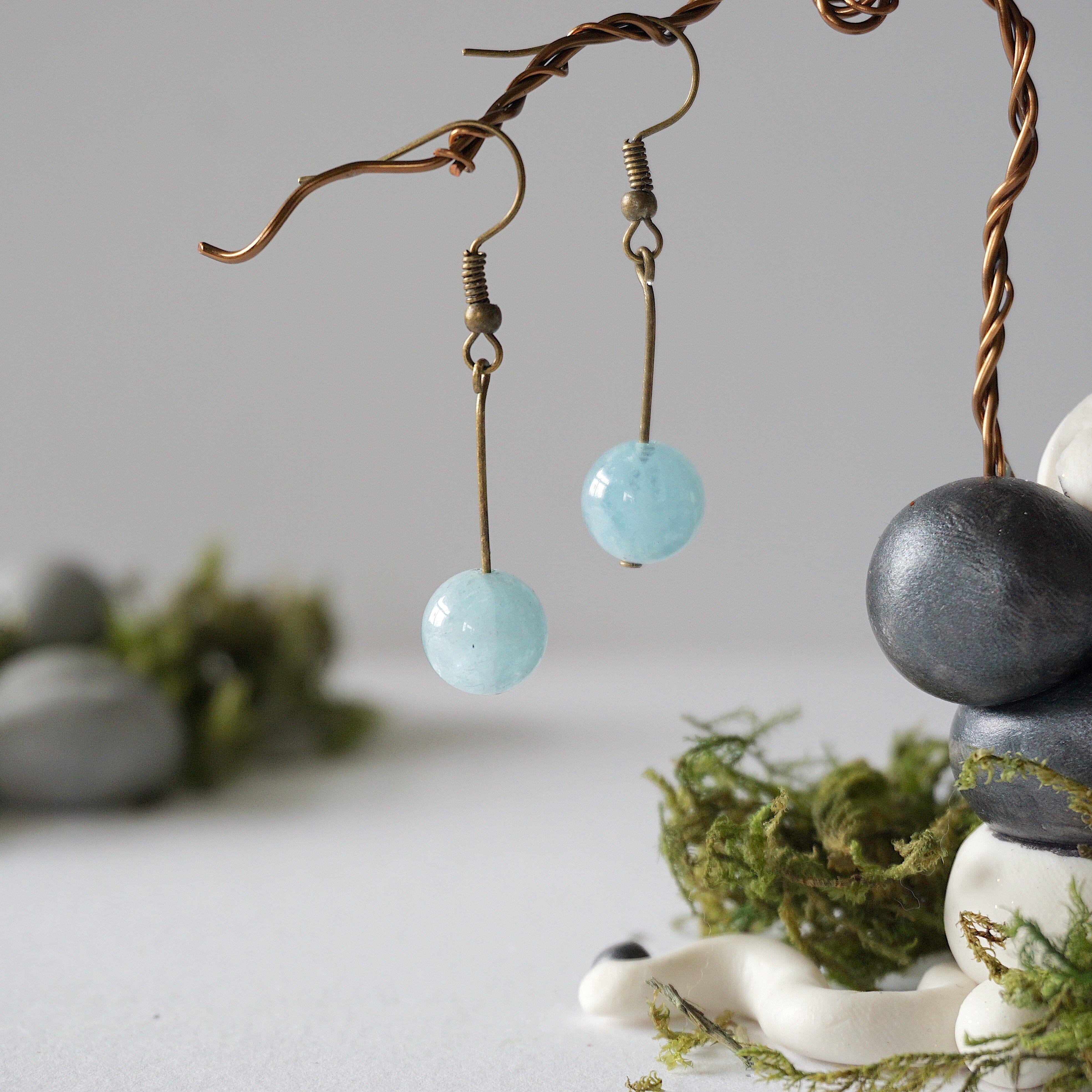 Antique Bronze Aquamarine Bead Drop Earrings – Elegant Dangling Jewelry for Women, Perfect for Weddings, Parties & Special Occasions