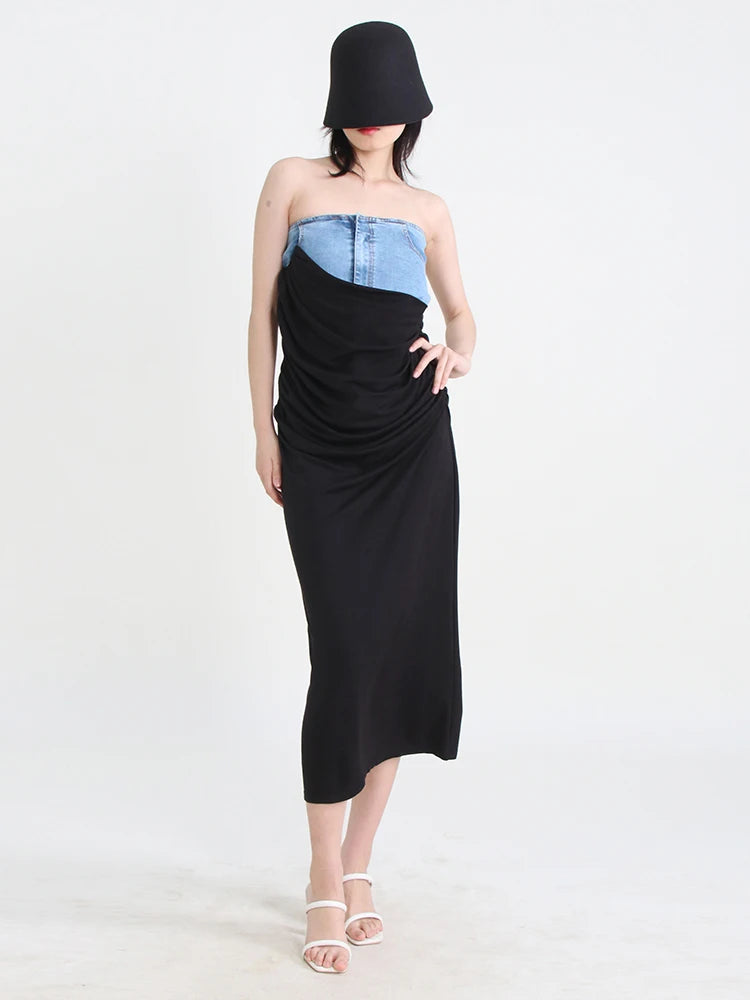 Women's High Waist A-Line Slim Patchwork Denim Skirt - Fashionable Folds & Temperament Design for Casual Outfits, Office Wear & Date Nights