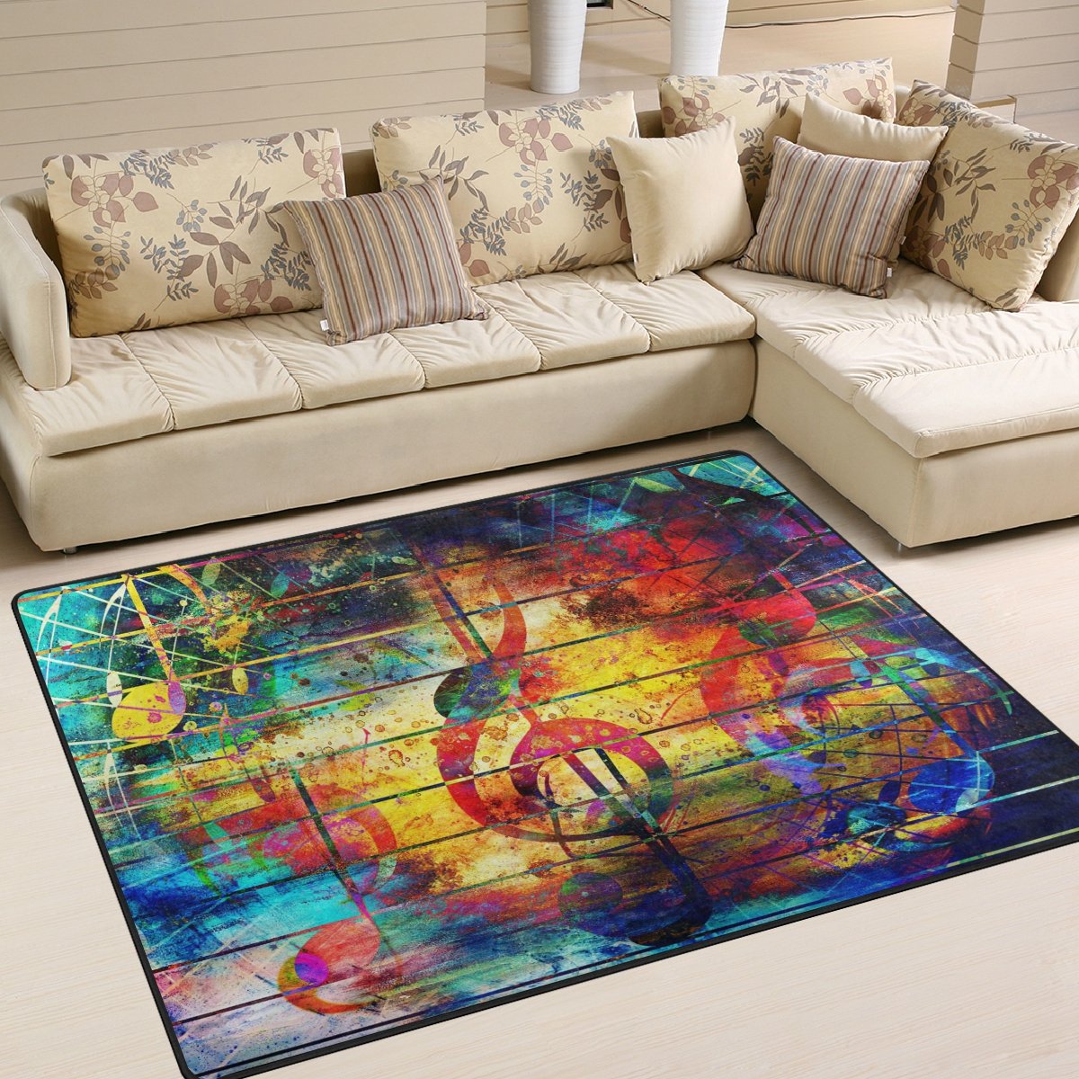 ALAZA Shabby Chic Music Note Abstract Area Rug - 7' x 5' Non-Slip Living Room & Bedroom Rug - Perfect for Boho Home Decor, Nursery, and Dorm Room