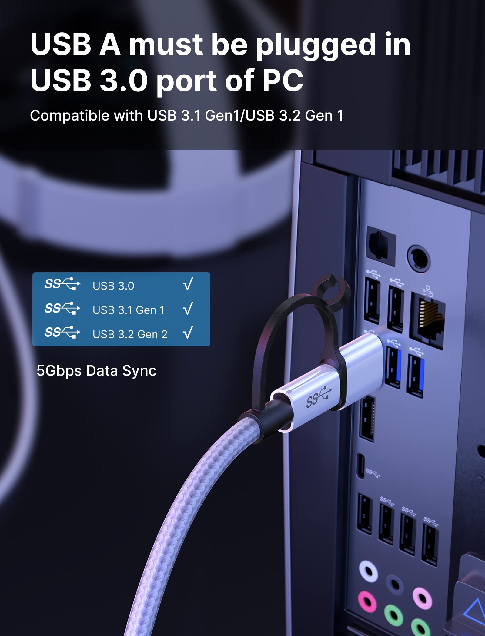 JSAUX 5m USB 3.0 High-Speed VR Link Cable 2-in-1 for Oculus Quest 2/Pico 4/Meta & PC/Steam VR - Data Transfer Adapter for VR Headsets & Gaming PCs - Perfect for Immersive Virtual Reality Experiences & PC Gaming Setups