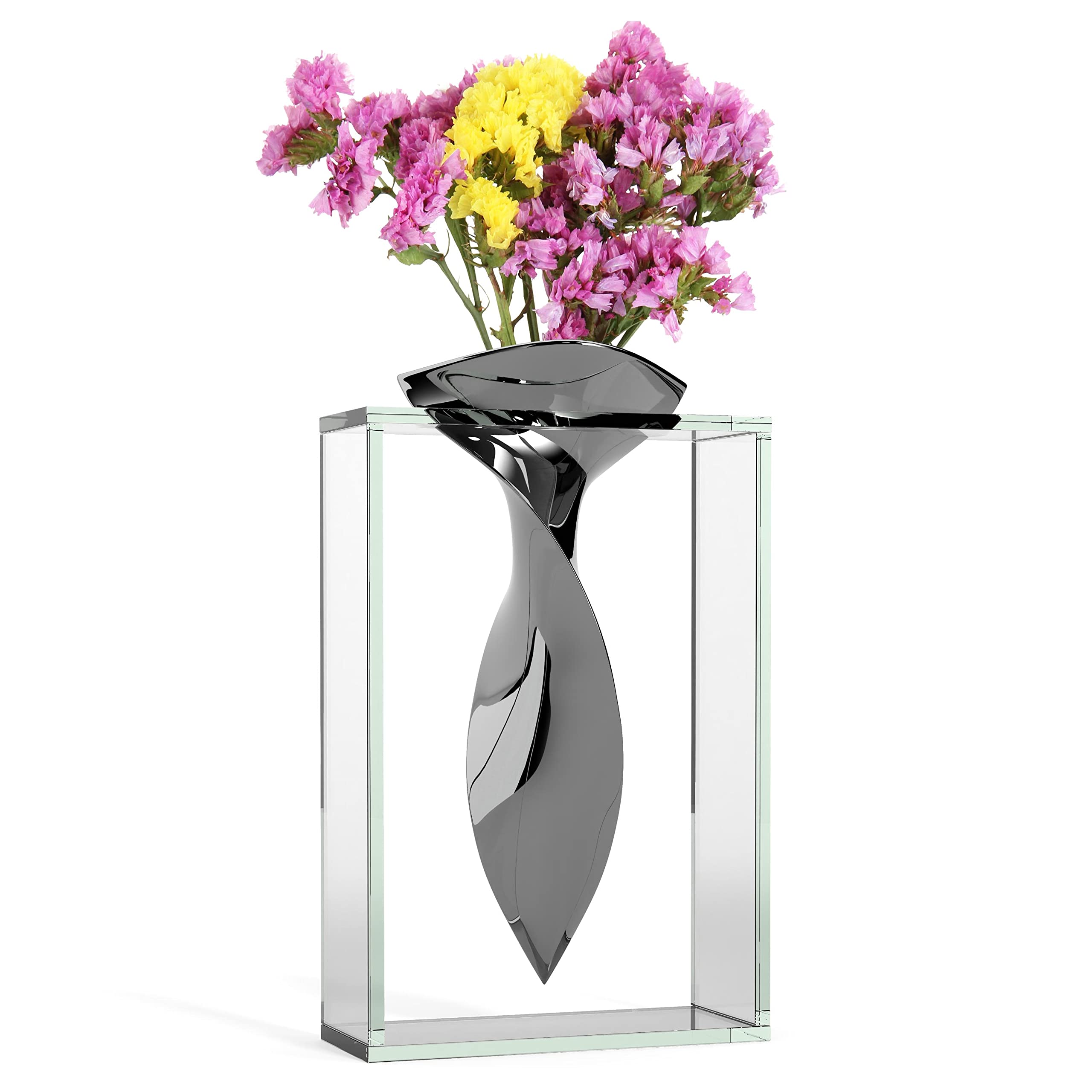 Badash The Elvis Glass Vase - 13 Inch Tall Clear Crystal Flower Vase for Home Decor, Wedding Centerpieces & Tabletop Display - Durable Aluminum and Glass Design - Perfect for Living Room, Dining Table & Office Decor