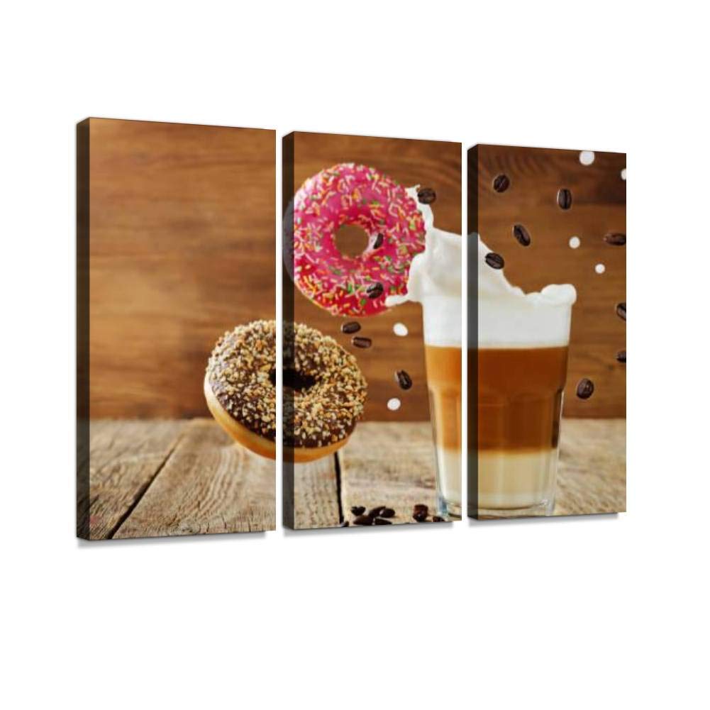 Modern 3 Panel Wall Art - Flying Multicolored Donuts with Coffee Canvas Prints for Home Decor | Ready to Hang Living Room & Bedroom Wall Decor | Perfect for Dining Areas, Cafes & Sweet-Themed Spaces
