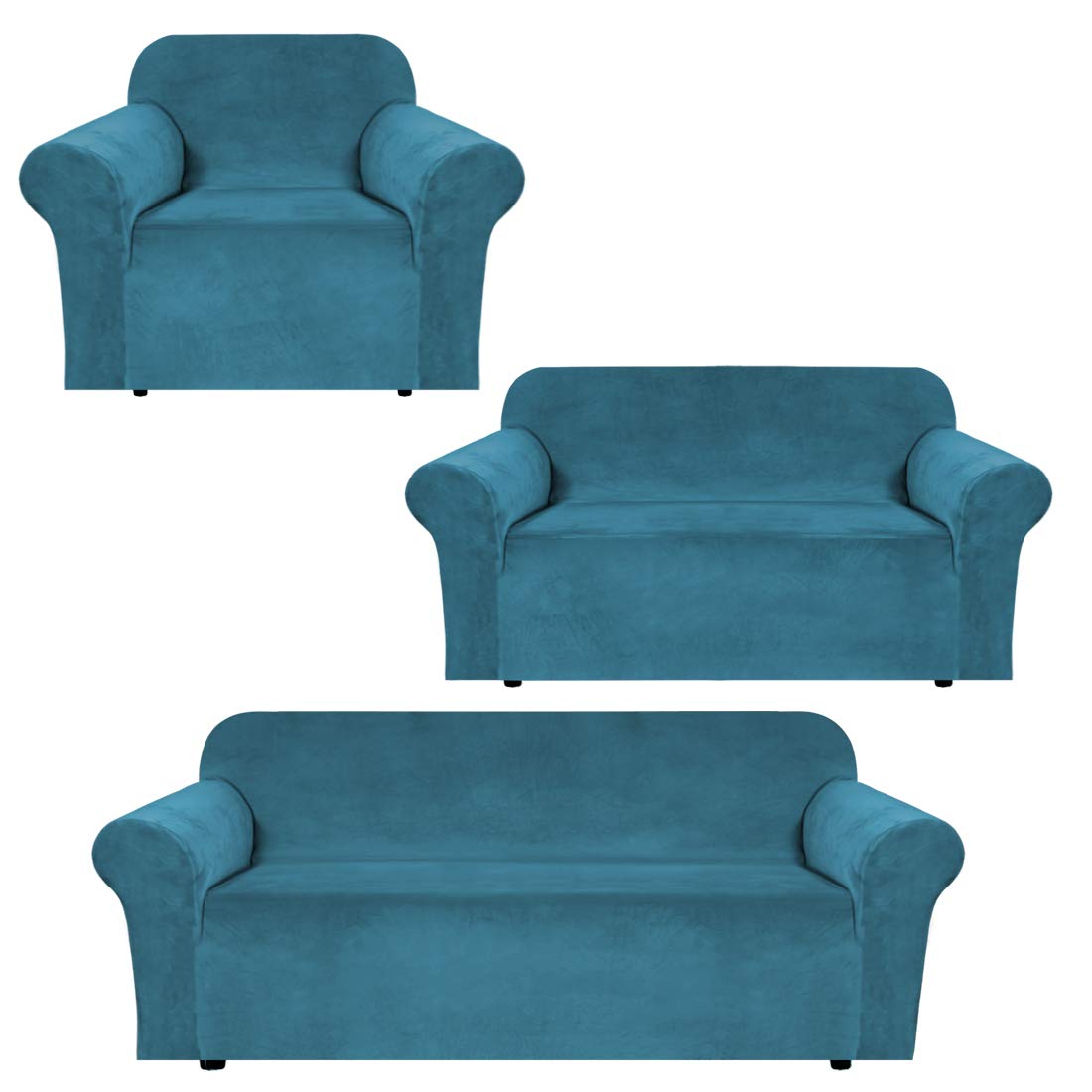 H.VERSAILTEX Velvet Stretch Sofa Covers Set - 3 Cushion Couch, Loveseat & Armchair Slipcovers (Peacock Blue) | Soft, Washable & Anti-Slip Furniture Protector for Living Room, Bedroom, Dorm Decor