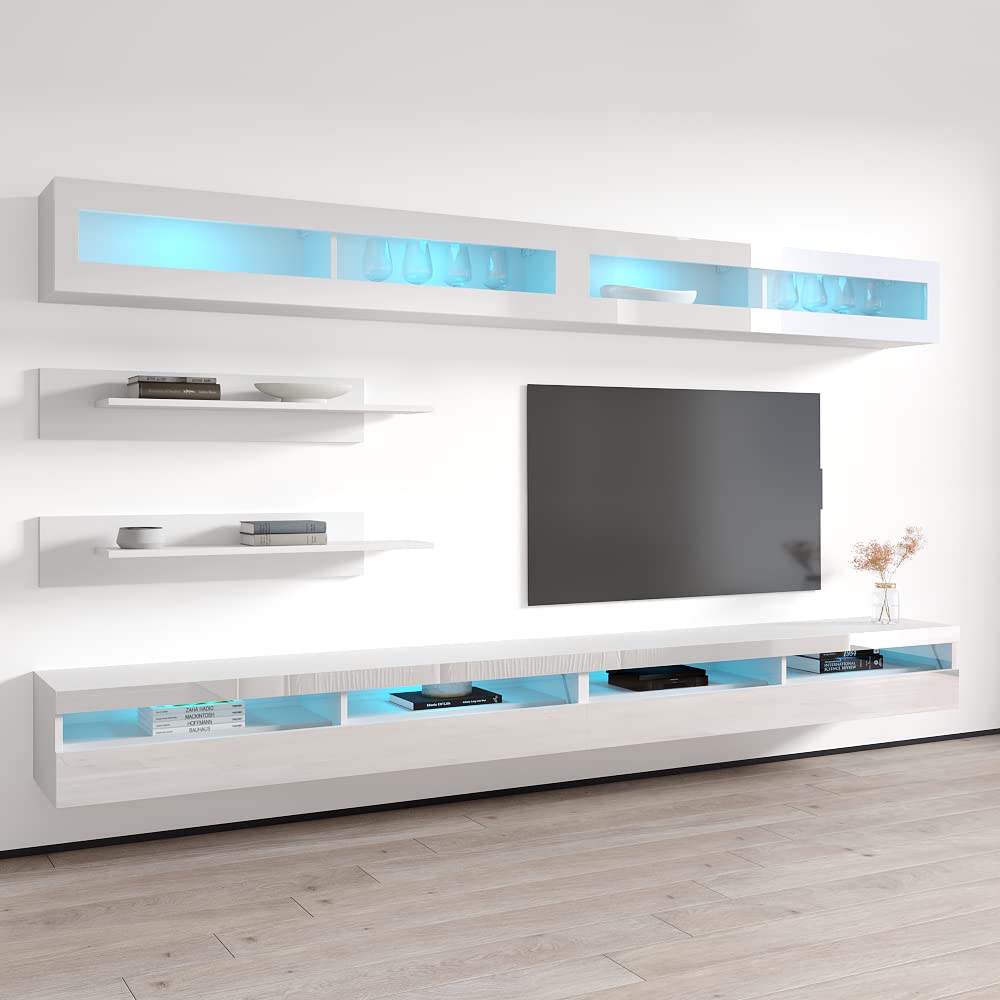 Modern White Wall-Mounted TV Stand with Storage Shelves & LED Lights - Floating Entertainment Center Console for Living Room & Bedroom - Perfect for 35