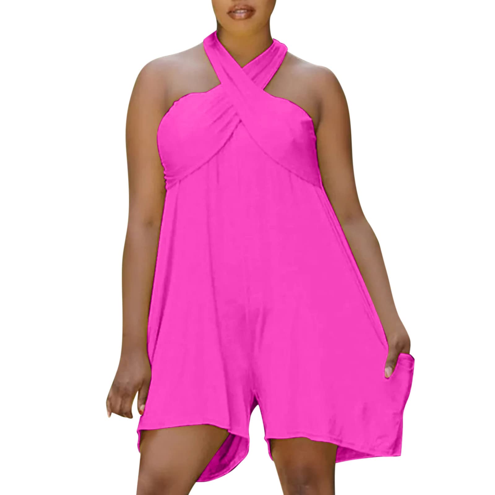 Women's Summer Loose Casual Jumpsuit - Adjustable Spaghetti Strap Romper Outfit (Hot Pink, Size L) | Perfect for Beach, Vacation & Casual Wear