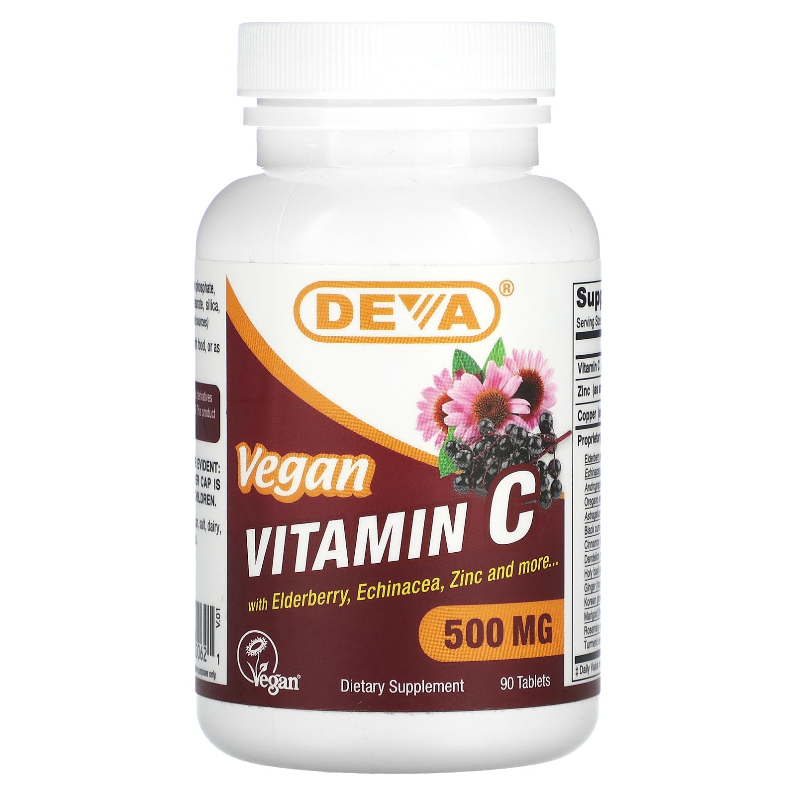 Deva Vegan Vitamin C 500mg with Elderberry, Echinacea & Zinc - 90 Tablets for Immune Support, Antioxidant Boost & Cold Relief - Perfect for Daily Wellness & Seasonal Defense