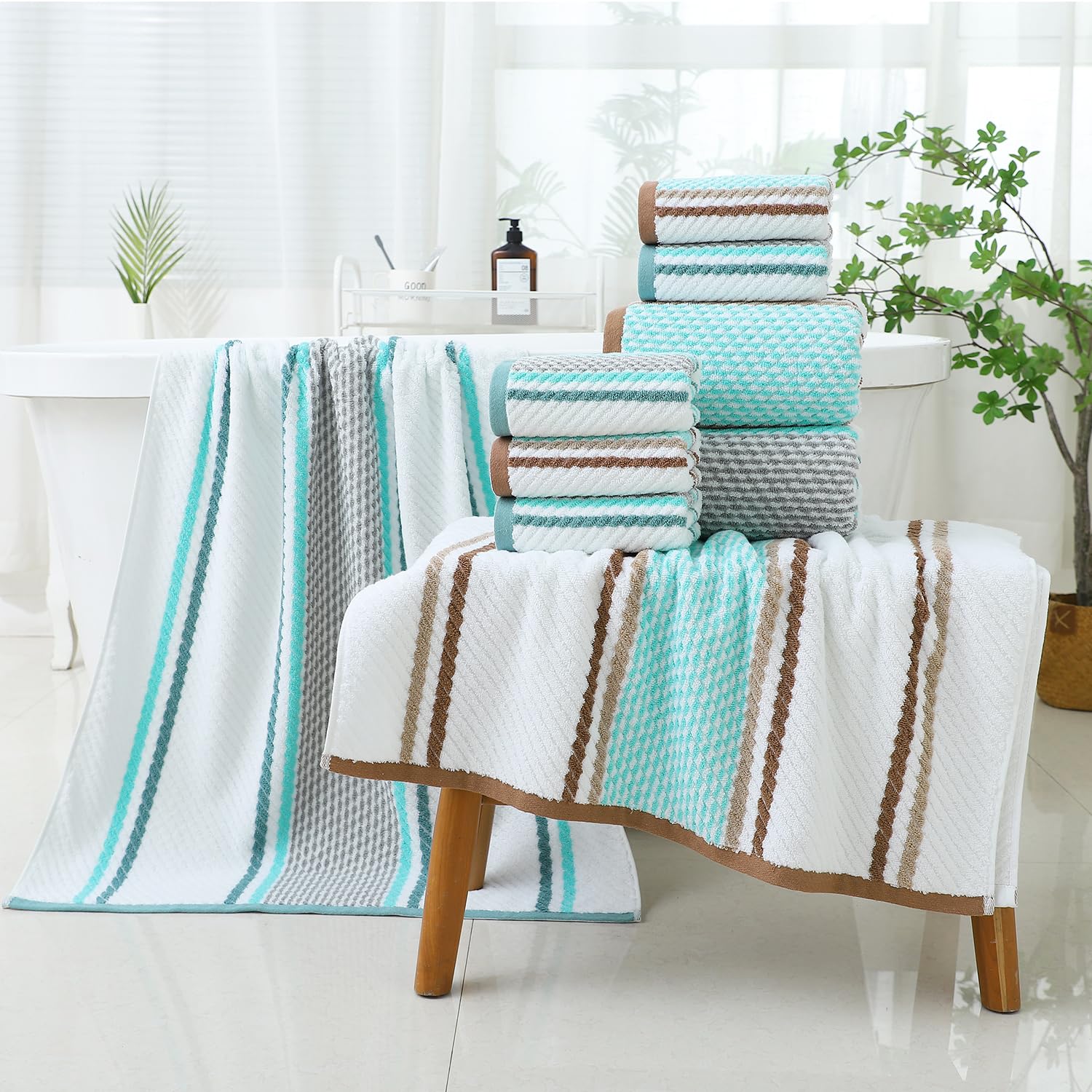 Premium 3-Piece Striped Bath Hand Towel Set - 100% Cotton, Ultra Soft & Absorbent - Decorative Green Towels for Bathroom, Spa & Guest Use