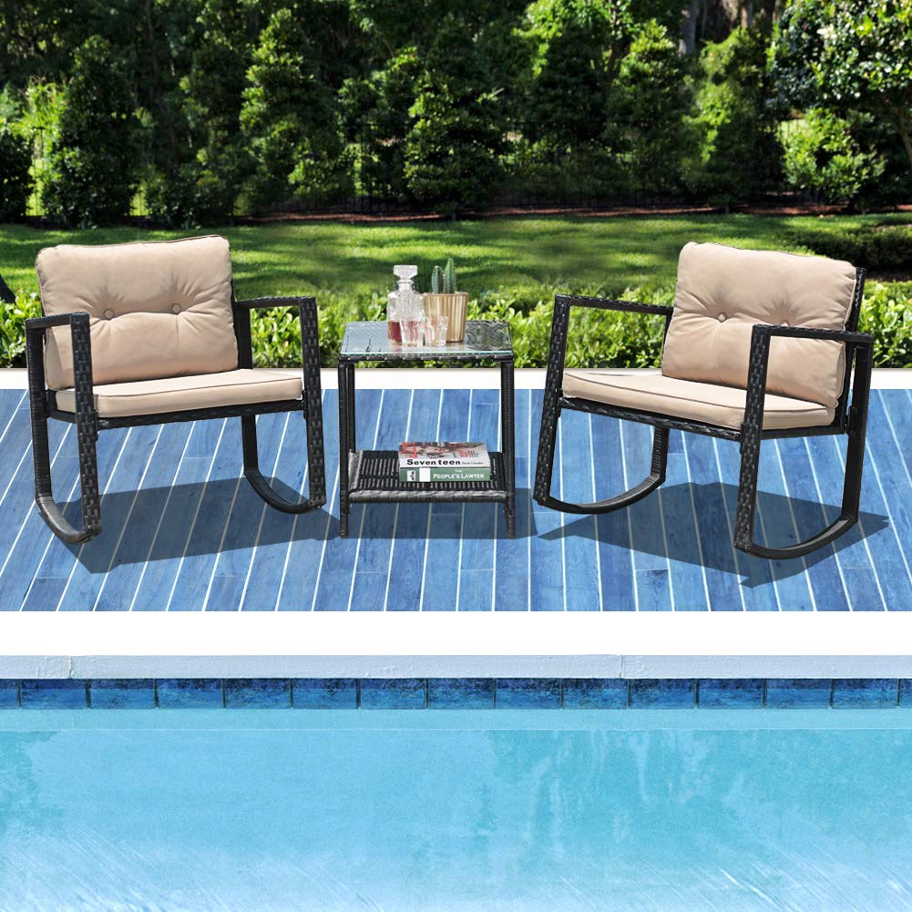 3-Piece Wicker Rocking Bistro Set with Tempered Glass Table - Outdoor Patio Furniture for Garden, Balcony & Backyard Relaxation