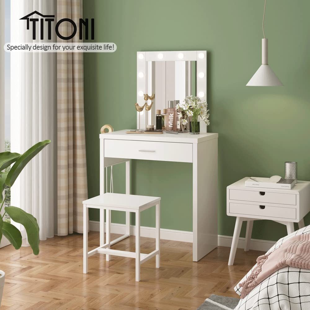 White Makeup Vanity Desk with Mirror & 10 LED Lights - Small Vanity Table & Chair Set for Bedroom, 27.6 Inch Dressing Table for Makeup, Skincare & Hair Styling - Perfect for Home, Apartment & Beauty Salon Use