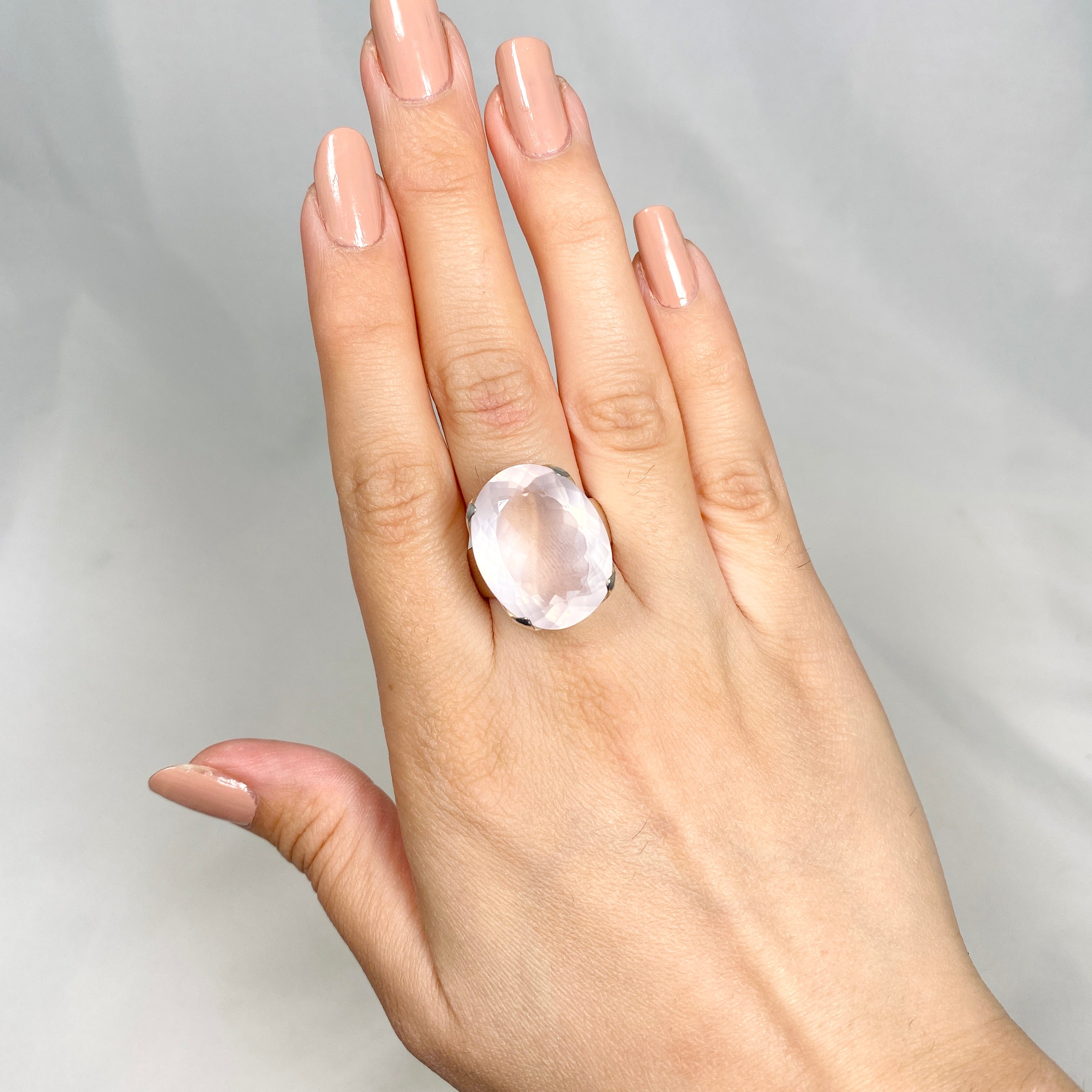 Rose Quartz Faceted Oval Ring - Size 10.5 (KRGJ1141) | Elegant Healing Crystal Jewelry for Women, Gift for Her, Wedding, Anniversary & Spiritual Healing