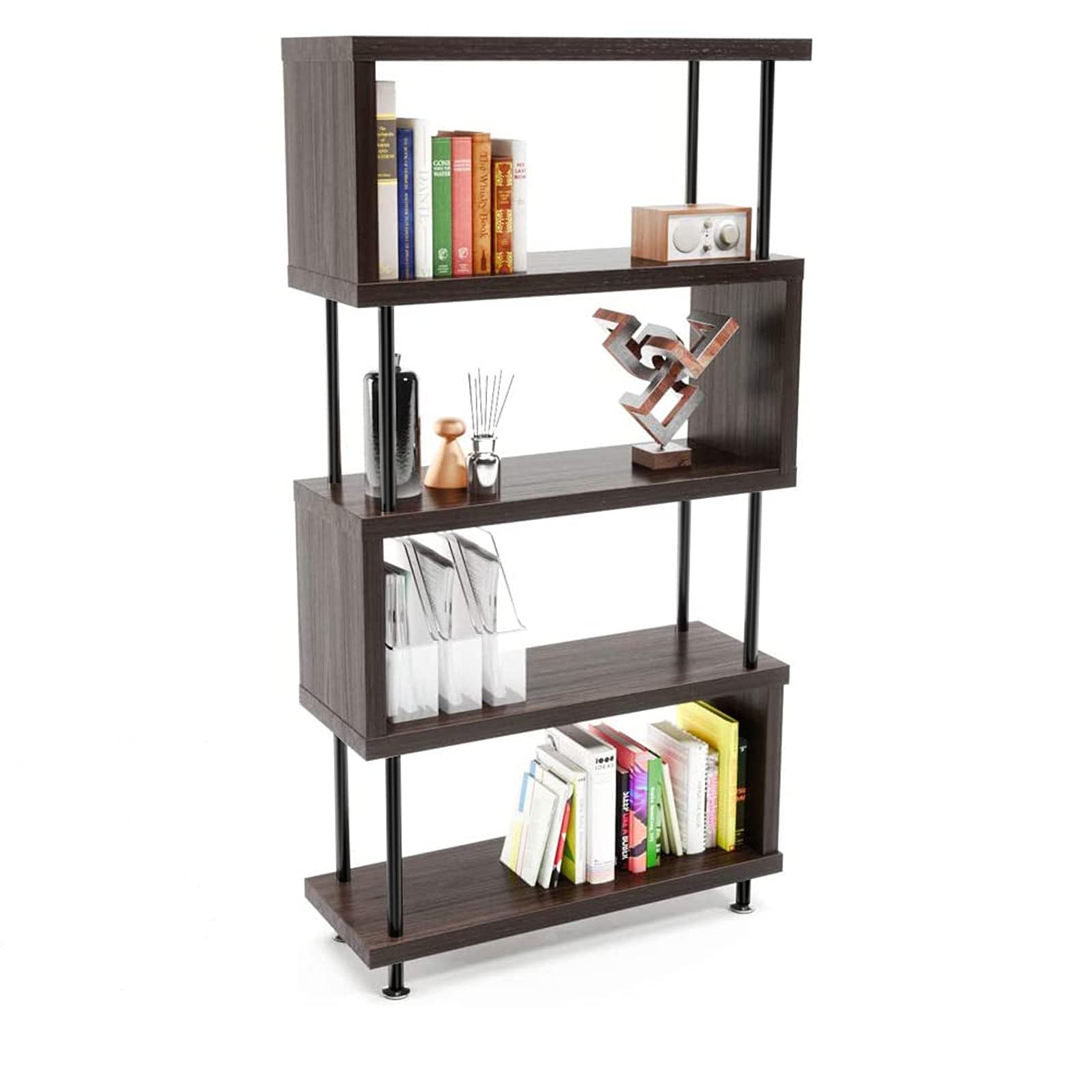 Tesmula GT2-ZJ 5-Tier S-Shaped Bookcase - Vintage Industrial Wooden Bookshelf with Z-Shaped Design for Home, Office & Living Room - Perfect for Book Display, Plant Stand & Home Decor (Brown)