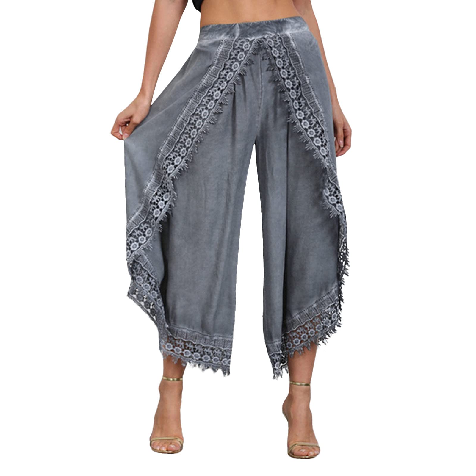 Misaky Women's Boho Palazzo Pants - Floral Lace Yoga Harem Pants for Spring & Autumn - Soft Wide Leg Casual Lounge Pants for Yoga, Beach & Boho Fashion