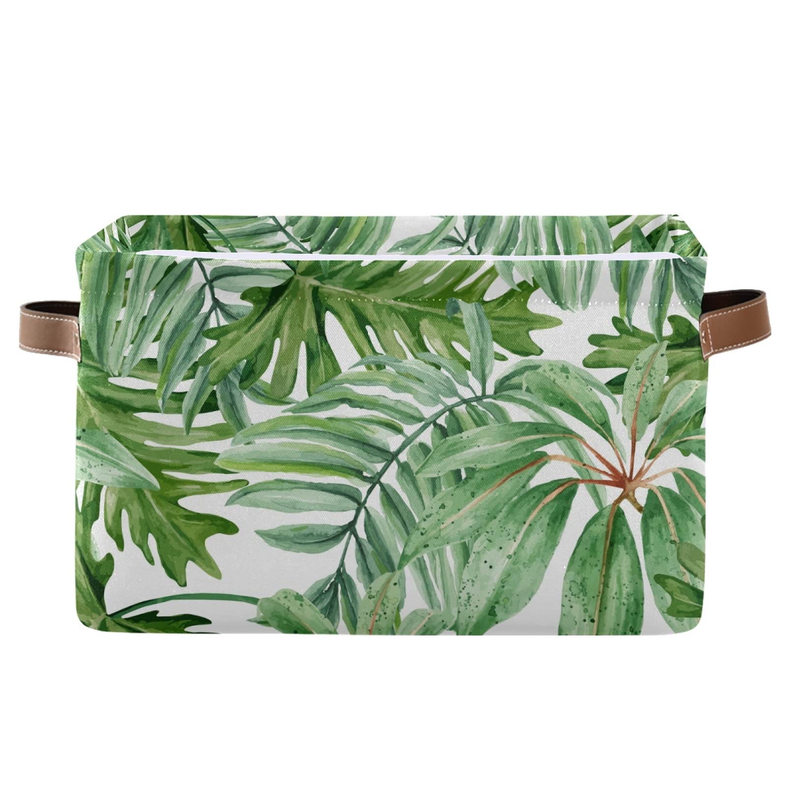 Susiyo Large Foldable Storage Bin - Green Tropical Leaves Fabric Collapsible Basket with PU Handles | Decorative Organizing Bin for Shelves, Closet, Bedroom & Living Room | Perfect for Home Organization, Laundry Storage & Toy Collection (1-Pack)