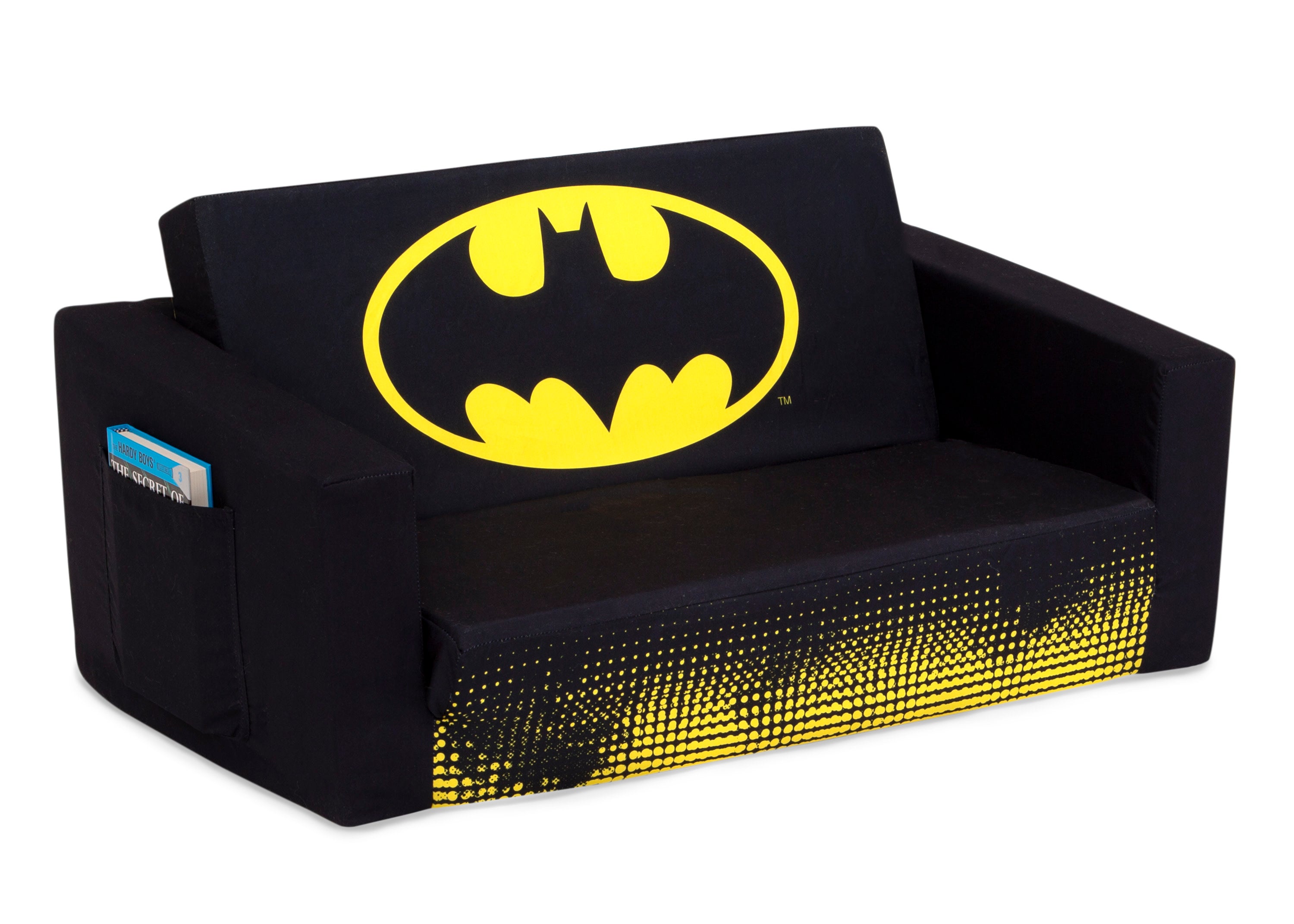 Batman Cozee Flip Out Sofa - 2 in 1 Convertible Kids Sofa to Lounger Bed | Superhero Themed Playroom Furniture for Boys & Girls | Perfect for Movie Nights, Gaming & Sleepovers