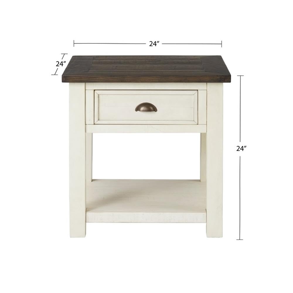 BOWERY HILL Farmhouse Wood 1 Drawer End Table - Cream White & Brown - Rustic Nightstand for Bedroom, Living Room, or Entryway