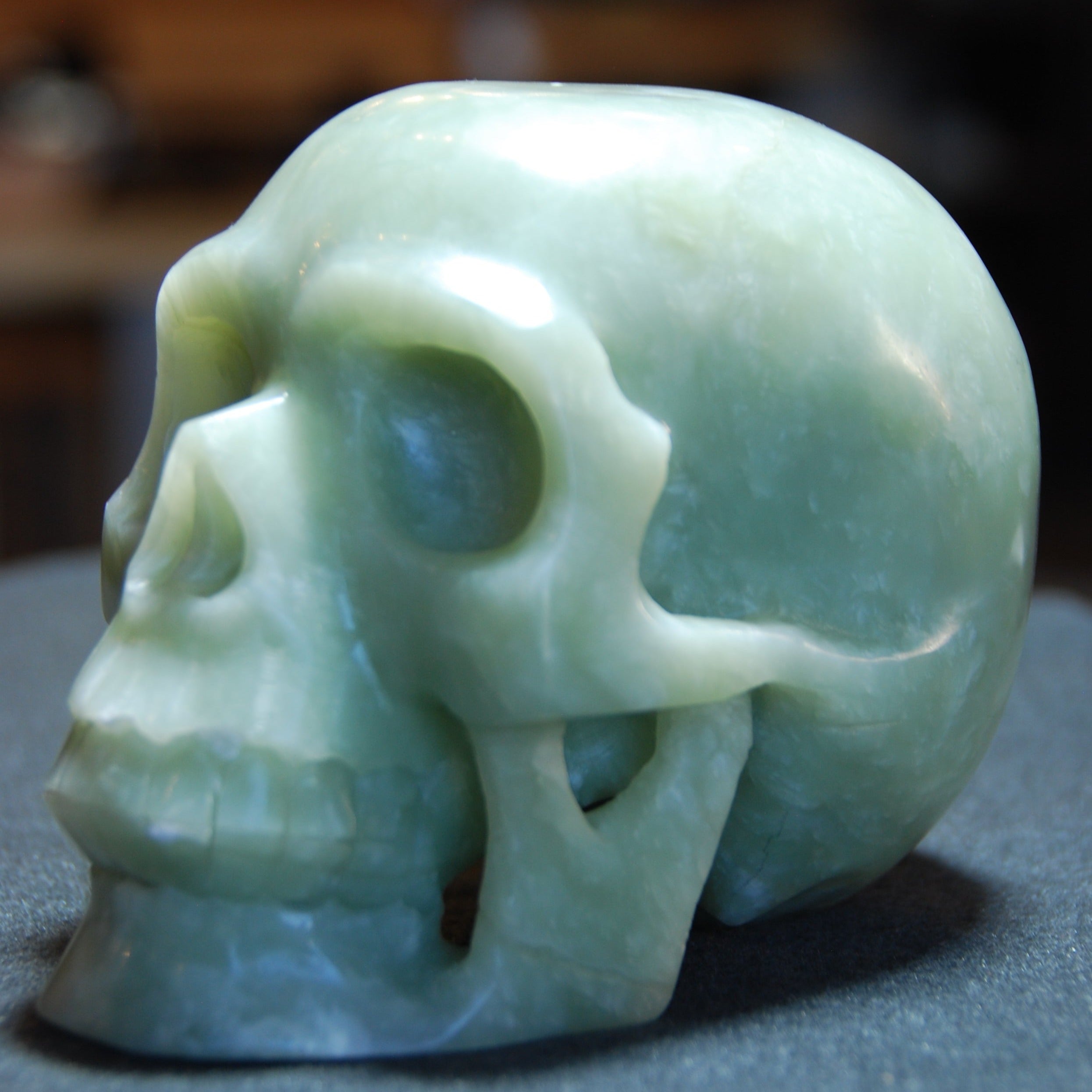 Hand-Carved Jade Skull Statue - Unique Gothic Home Decor & Spiritual Meditation Art for Halloween, Altar, or Collection