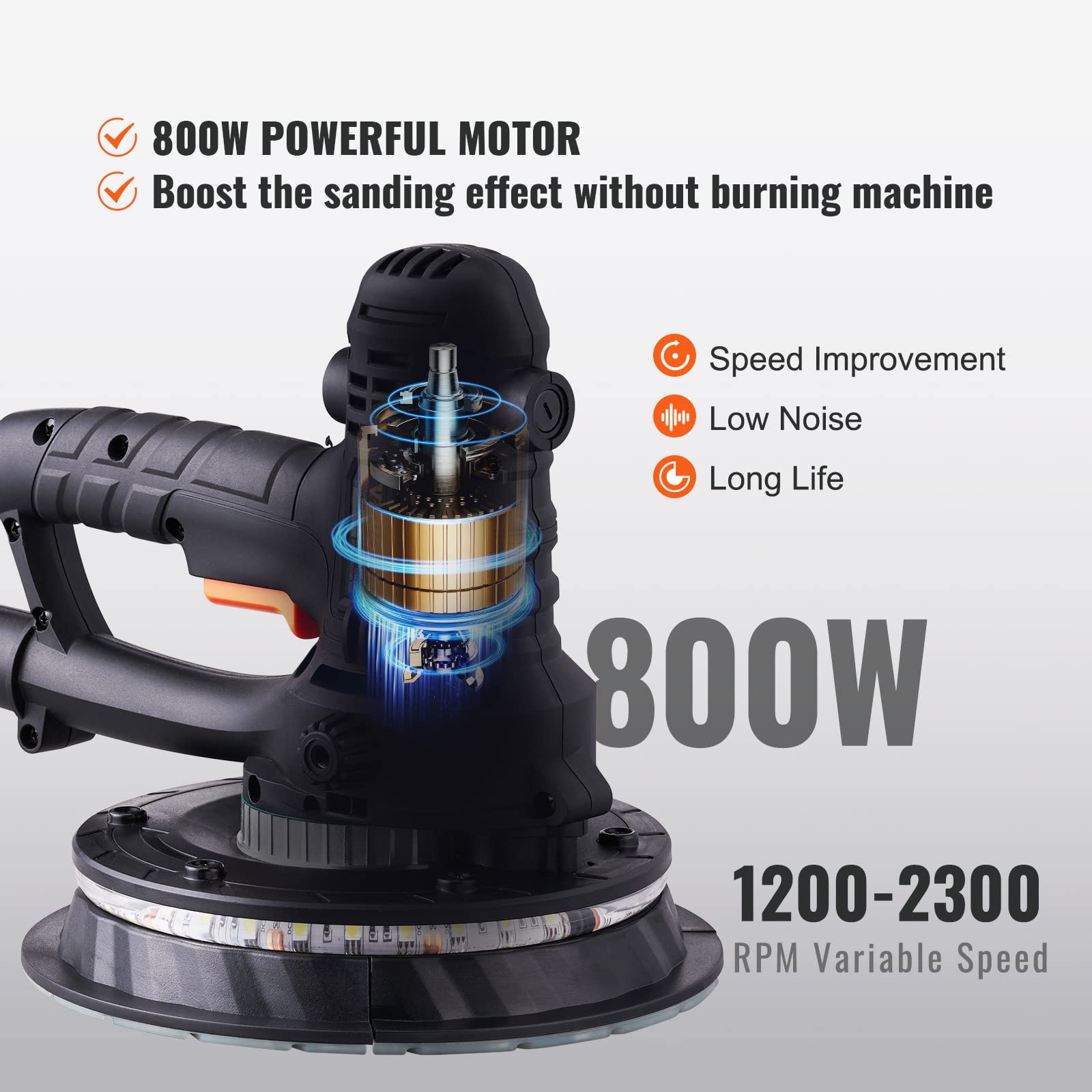 VEVOR 800W Electric Drywall Sander with 12 Sanding Discs, Variable Speed 1200-2300 RPM, Auto Vacuum Dust Collection System & LED Lights - Perfect for Wall Repair, Home Renovation, and Professional Construction Projects