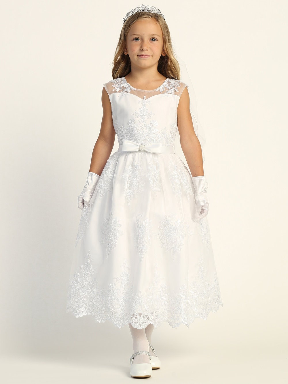 Girls White First Communion Dress with Corded Tulle & Sequins - Elegant Baptism Gown for Church Ceremonies & Special Occasions