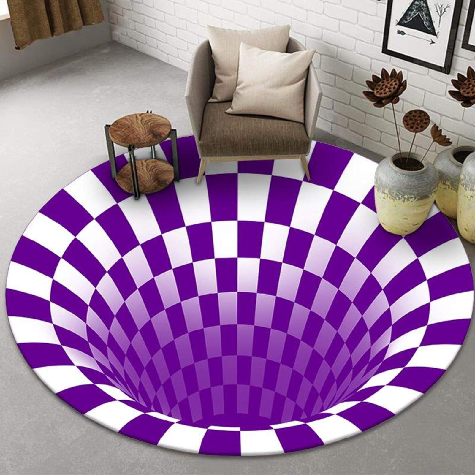 3D Vortex Optical Illusion Non-Slip Doormat - Purple Round Rug 79x79 Inch (200x200cm) for Home Entrance, Living Room & Office - Durable Non-Woven Carpet with Anti-Skid Backing - Perfect for High Traffic Areas & Wet Weather Protection