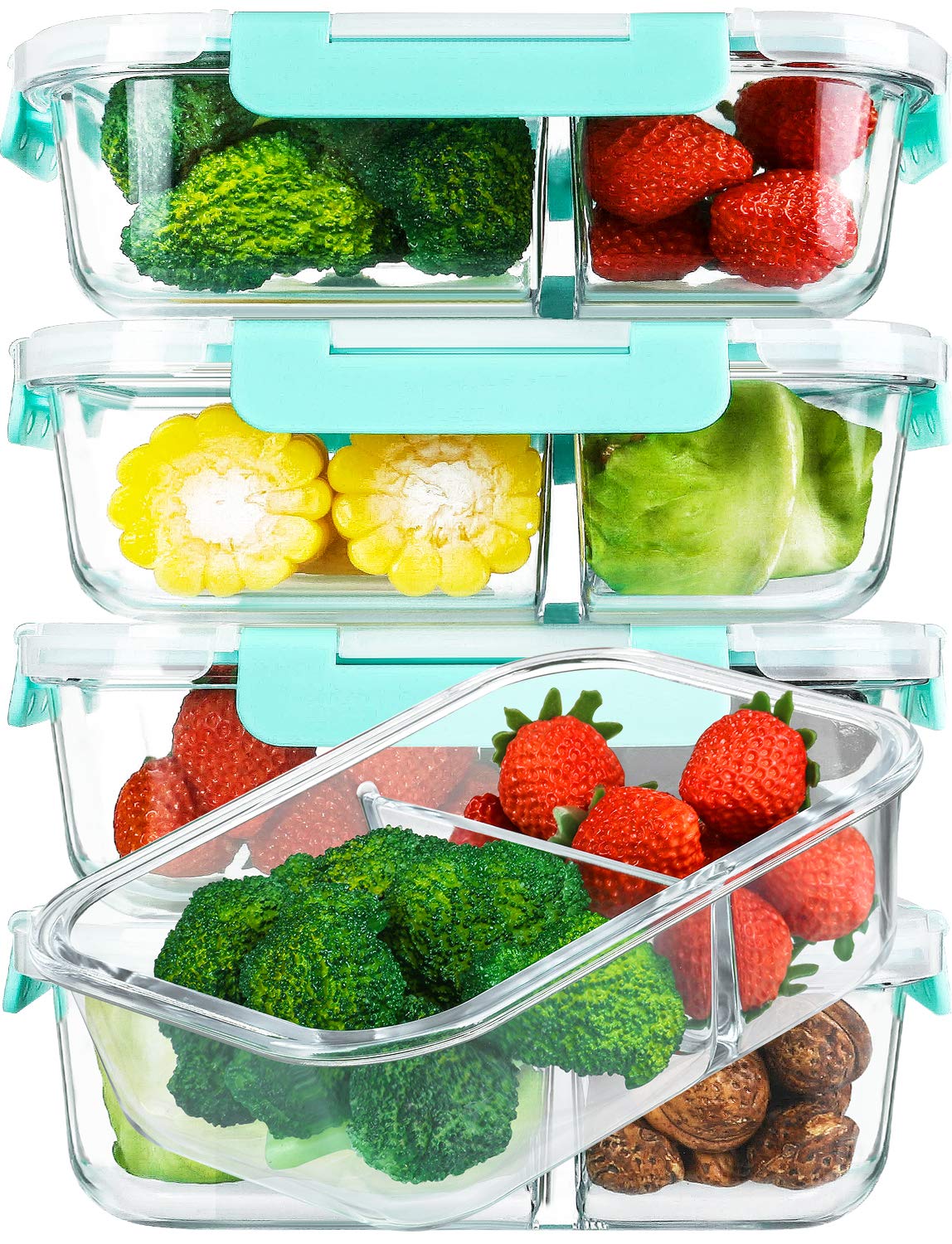 5-Pack 36 Oz Glass Meal Prep Containers with 2 Compartments & Locking Lids - BPA-Free Food Storage Containers for Portion Control - Microwave, Oven, Freezer & Dishwasher Safe (4.5 Cups, Green) - Perfect for Meal Prepping, Leftovers & Healthy Eating