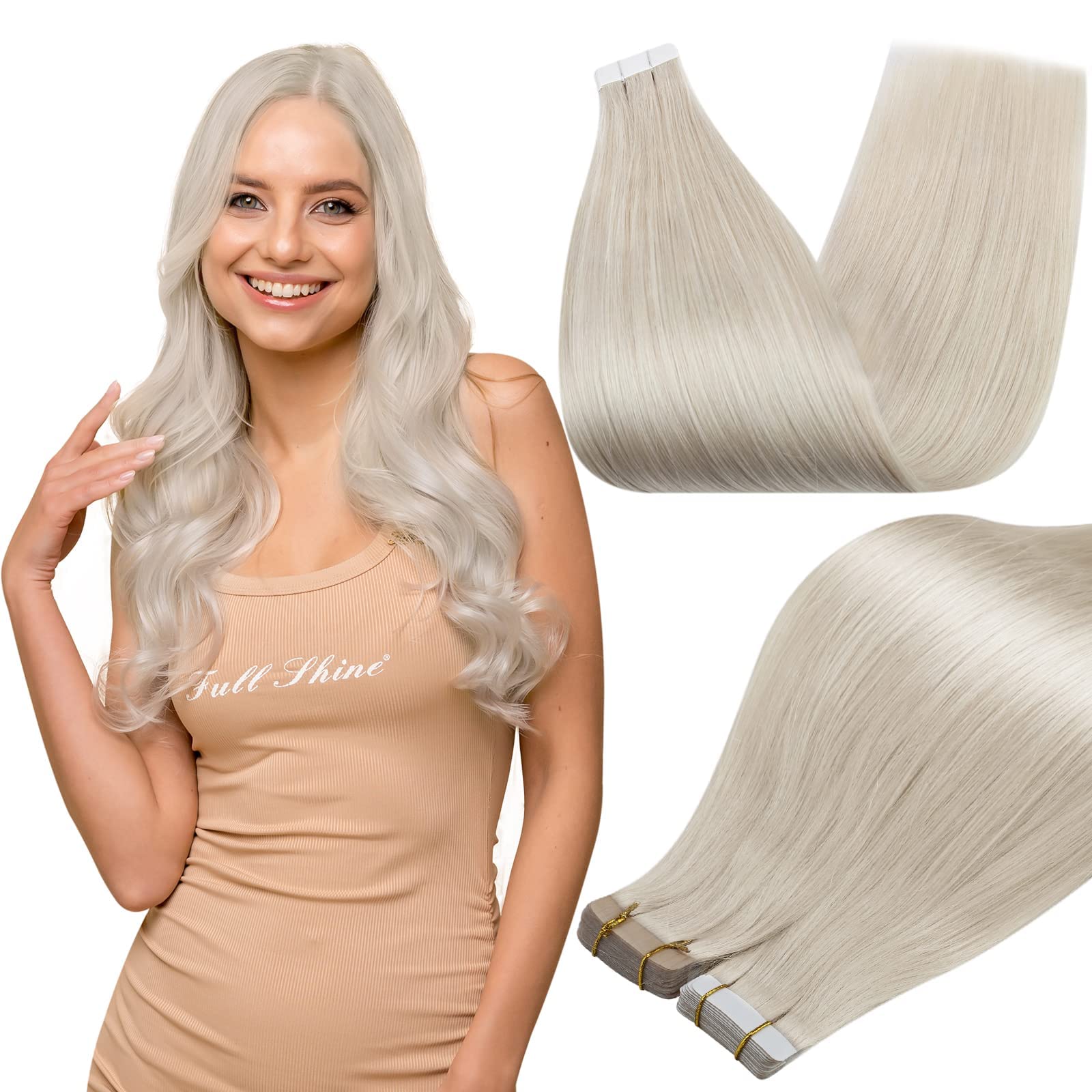 Full Shine 2-Pack 100g Platinum Blonde Tape-In Hair Extensions (20+22 Inch) - 100% Remy Human Hair for Length & Volume - Perfect for Parties, Weddings & Daily Styling