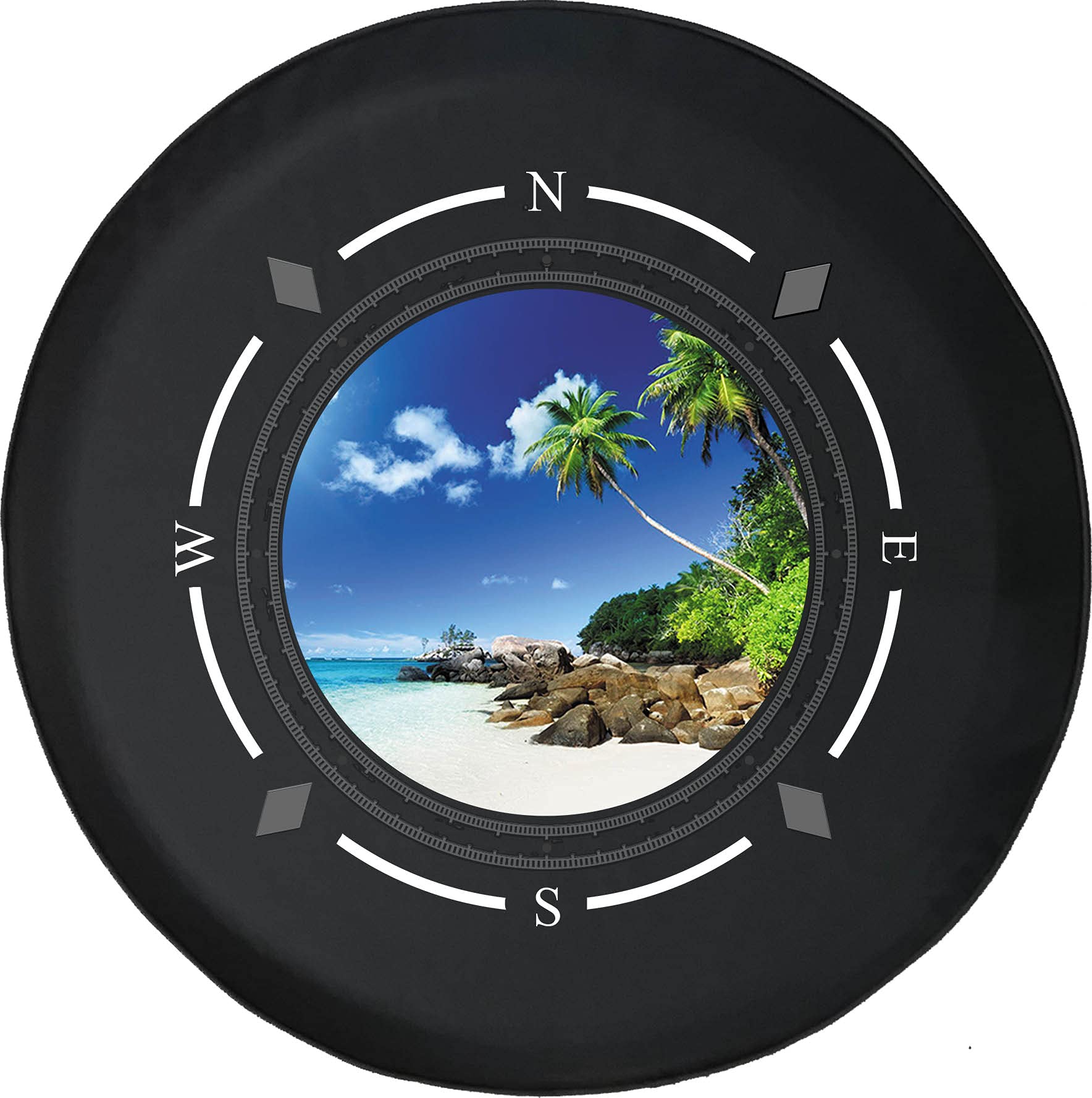 American Unlimited Spare Tire Cover with Compass & Tropical Island Design - Universal Fit for SUV, Trailer, RV & Most Vehicles - Perfect for Road Trips & Outdoor Adventures