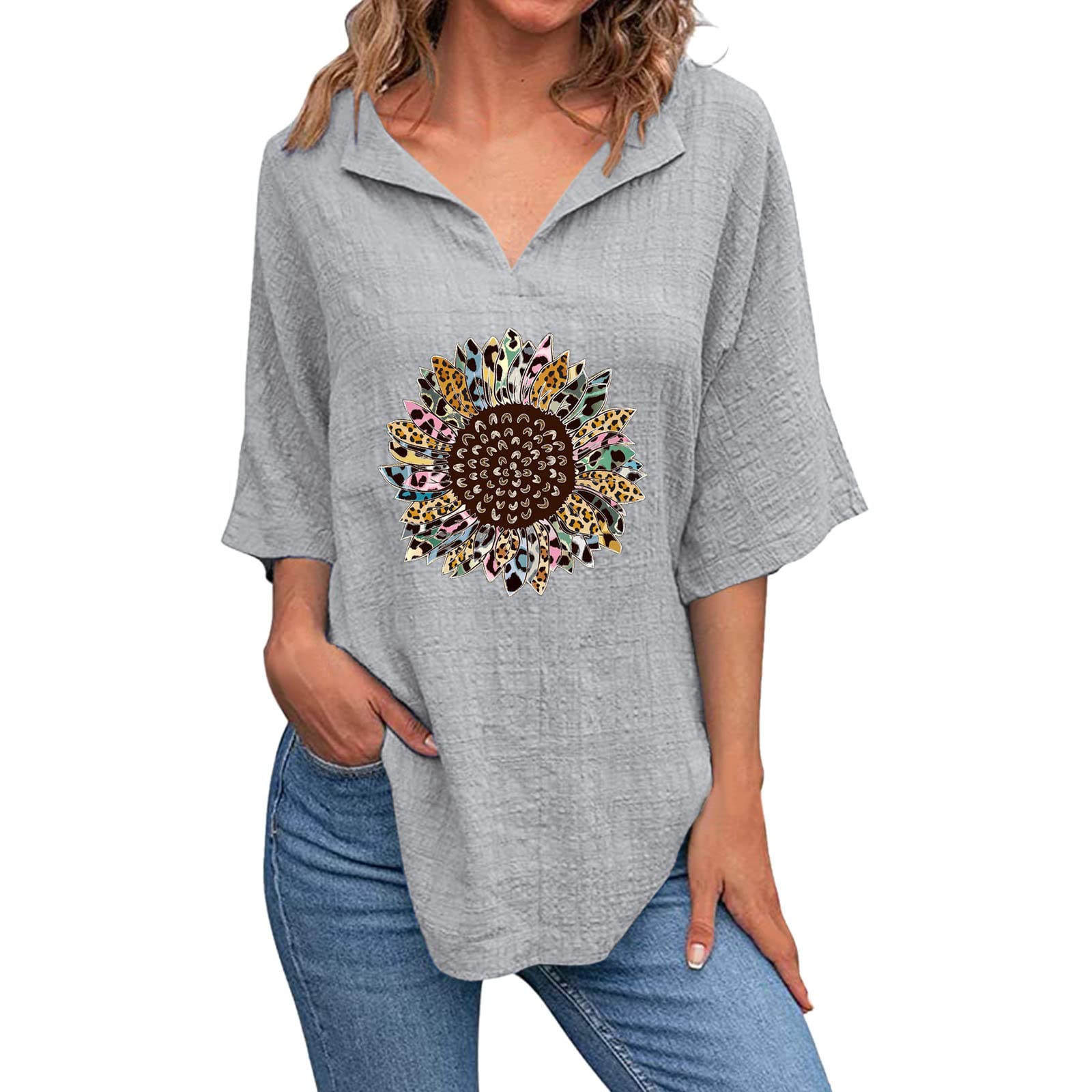 Women's Sunflower Print V-Neck Short Sleeve Cotton Linen Blouse - Summer Loose Fit Casual Tunic Top for Beach, Vacation & Everyday Wear