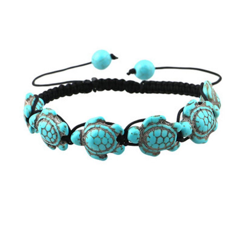 Vintage 80s Gold Bow Hoop Earrings for Women - Bohemian Beaded Bracelet with Turquoise Turtle & Fish Pendant - Adjustable Bangle (Green, One Size) - Perfect for Parties, Festivals & Boho Fashion