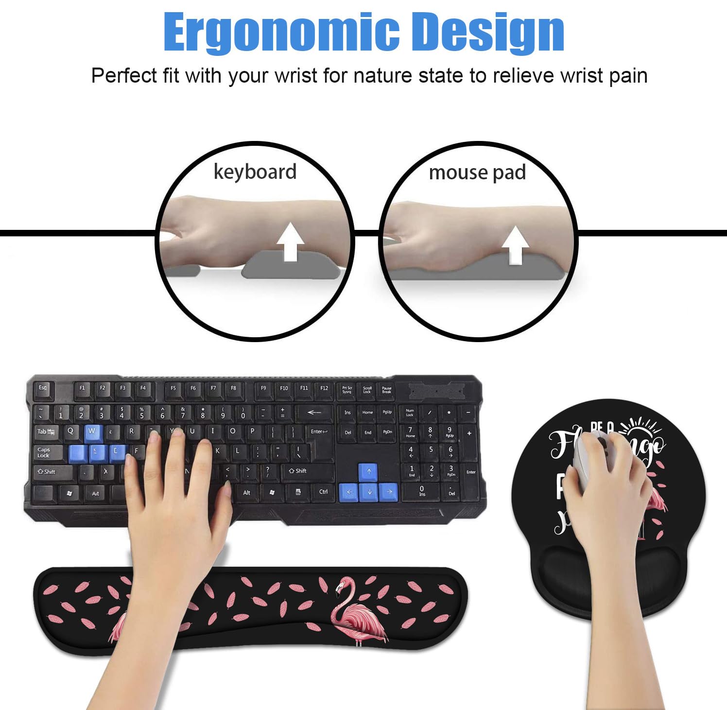 Ergonomic Keyboard Wrist Rest & Mouse Pad Set with Non-Slip PU Base - Flamingo Quote Design for Comfortable Home Office, Gaming & Studying - Perfect for Computer Workstations, Typing & Long Hours PC Use