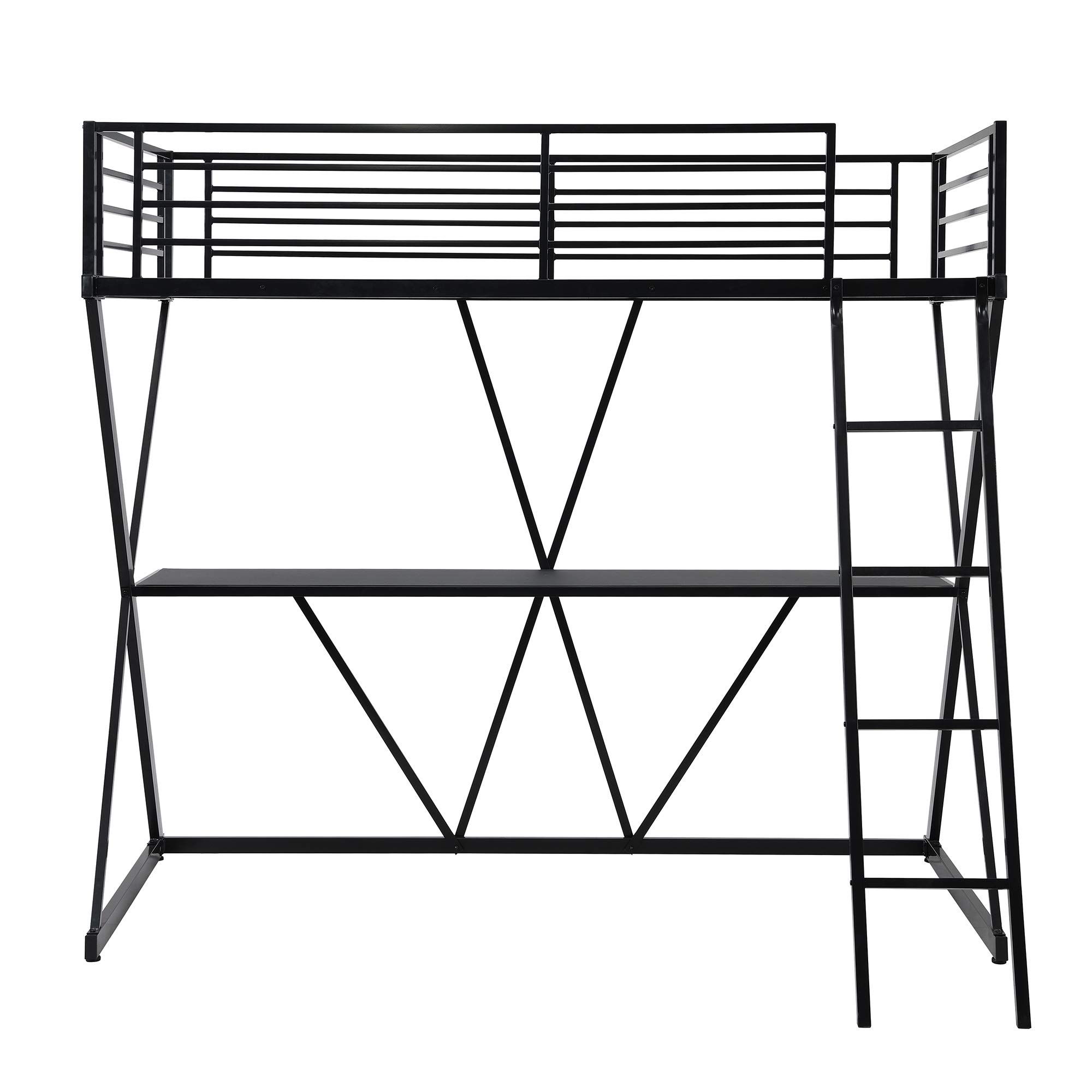 **Twin Steel Loft Bed for Kids & Teens - Sturdy X-Shaped Frame with Built-in Desk, Angled Ladder & Full-Length Guardrails - No Box Spring Needed (Black) - Perfect for Small Bedrooms, Dorms & Space-Saving Kids' Rooms**