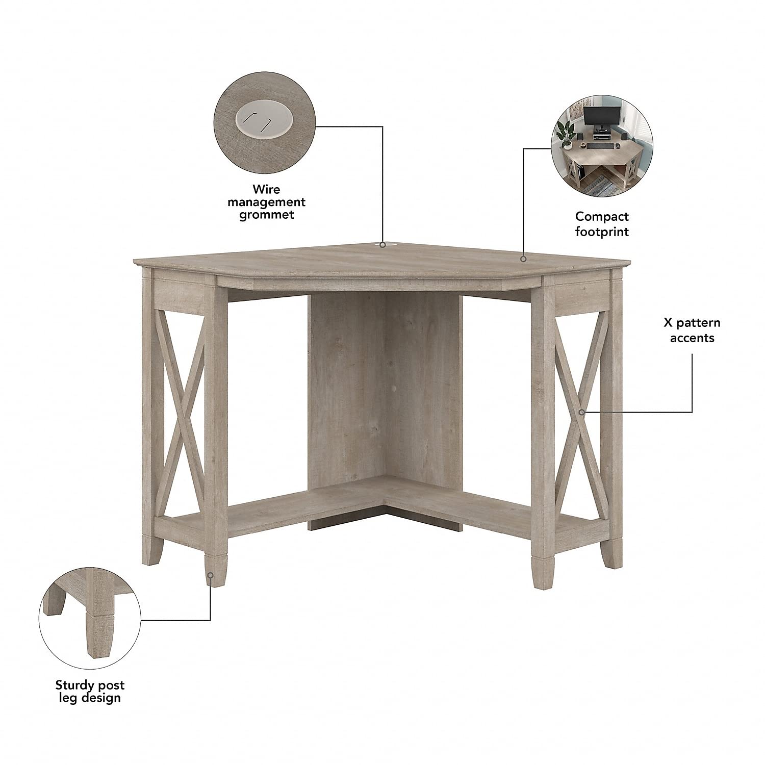 Bush Furniture Key West Small Corner Desk in Washed Gray - Compact Home Office Desk for Small Spaces, Perfect for Bedroom, Dorm or Apartment Workspace