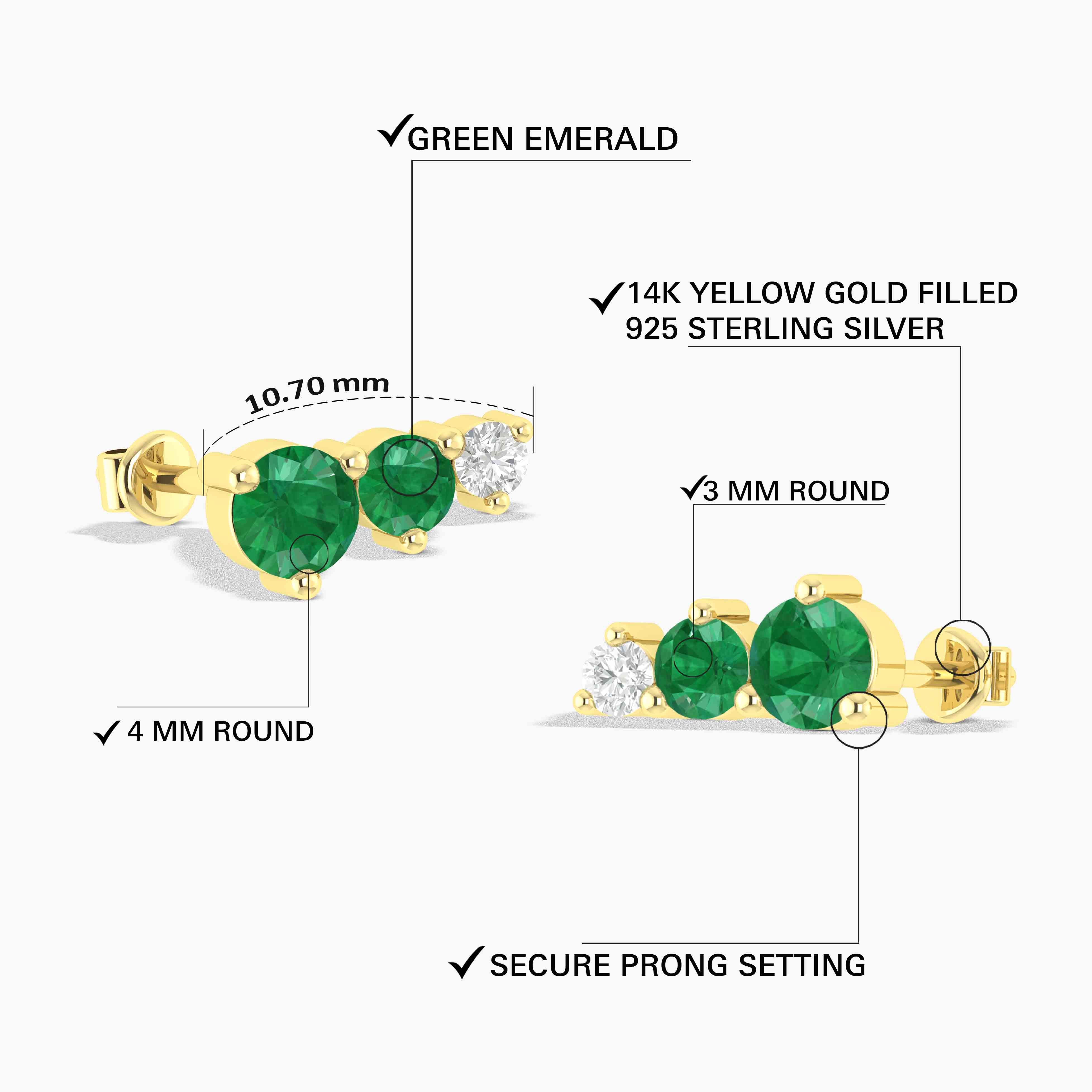 Emerald Three Round Gemstone Stud Earrings for Women - 14K Gold Plated Elegant Jewelry - Perfect for Parties, Weddings & Everyday Wear